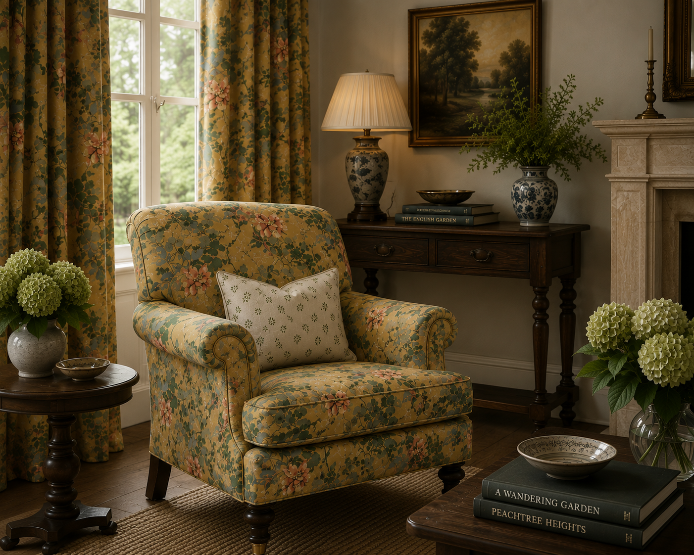 A cozy, traditional living room featuring a floral armchair with a beige pillow, a wooden side table with green hydrangeas, a window with floral curtains, a dark wooden console table with blue and white vases and books, a painting of trees, a lit table lamp, a fireplace, and a bookshelf with classic novels.