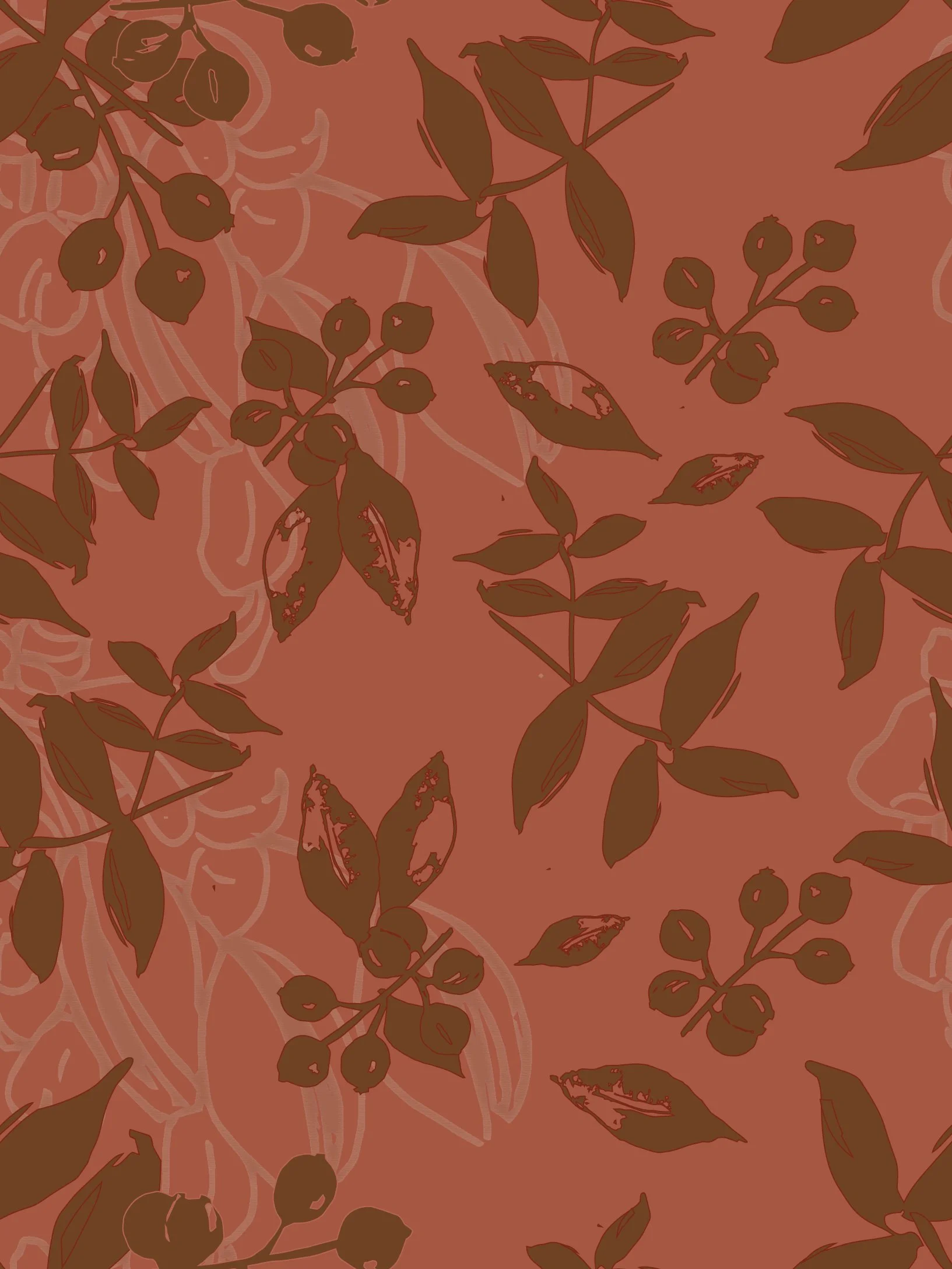A botanical pattern featuring brown leaves and small berries on a reddish-brown background with a faint abstract floral design.