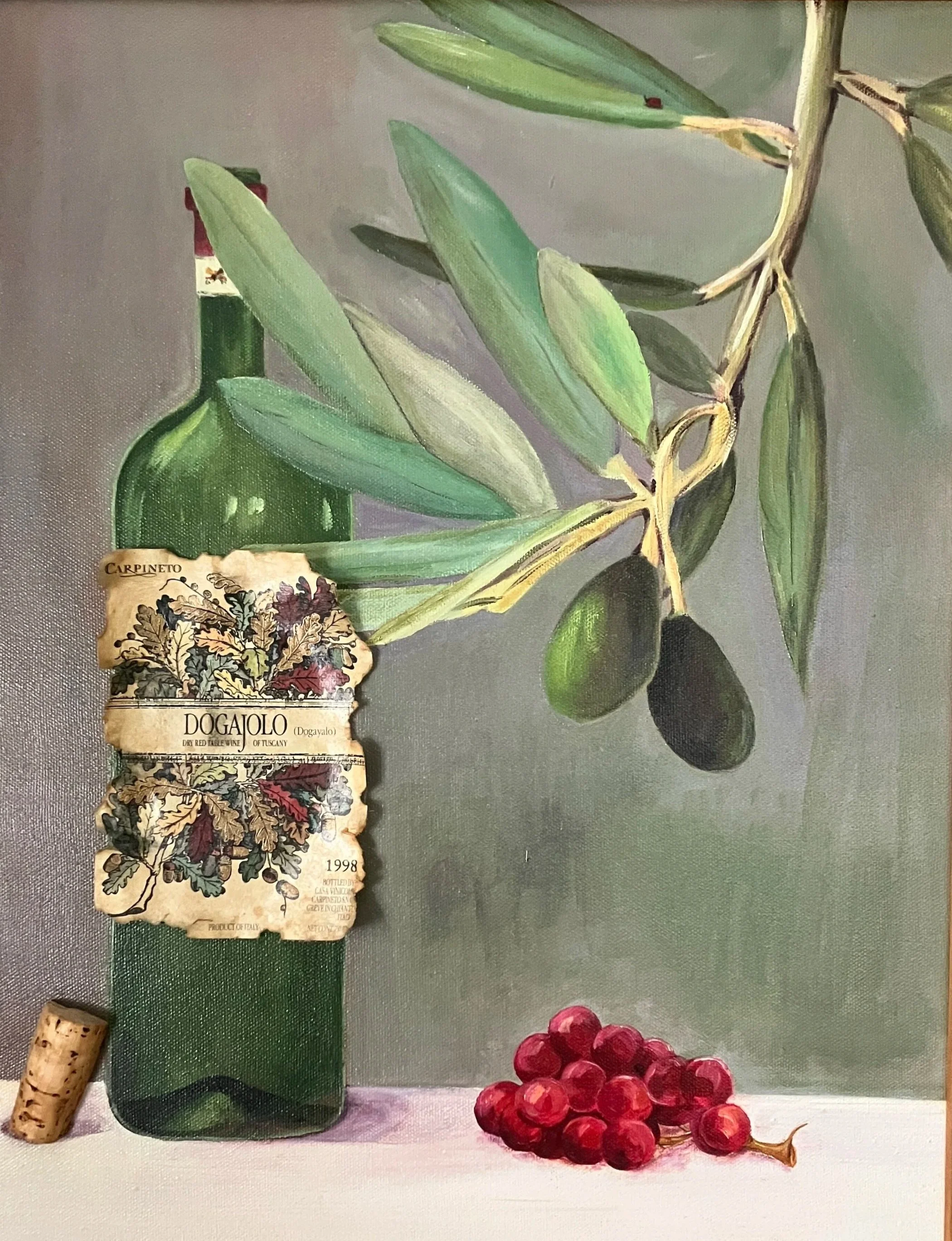 An oil painted still life featuring a green wine bottle with a cork beside it, a bunch of red grapes in the foreground, and a vine with green leaves.