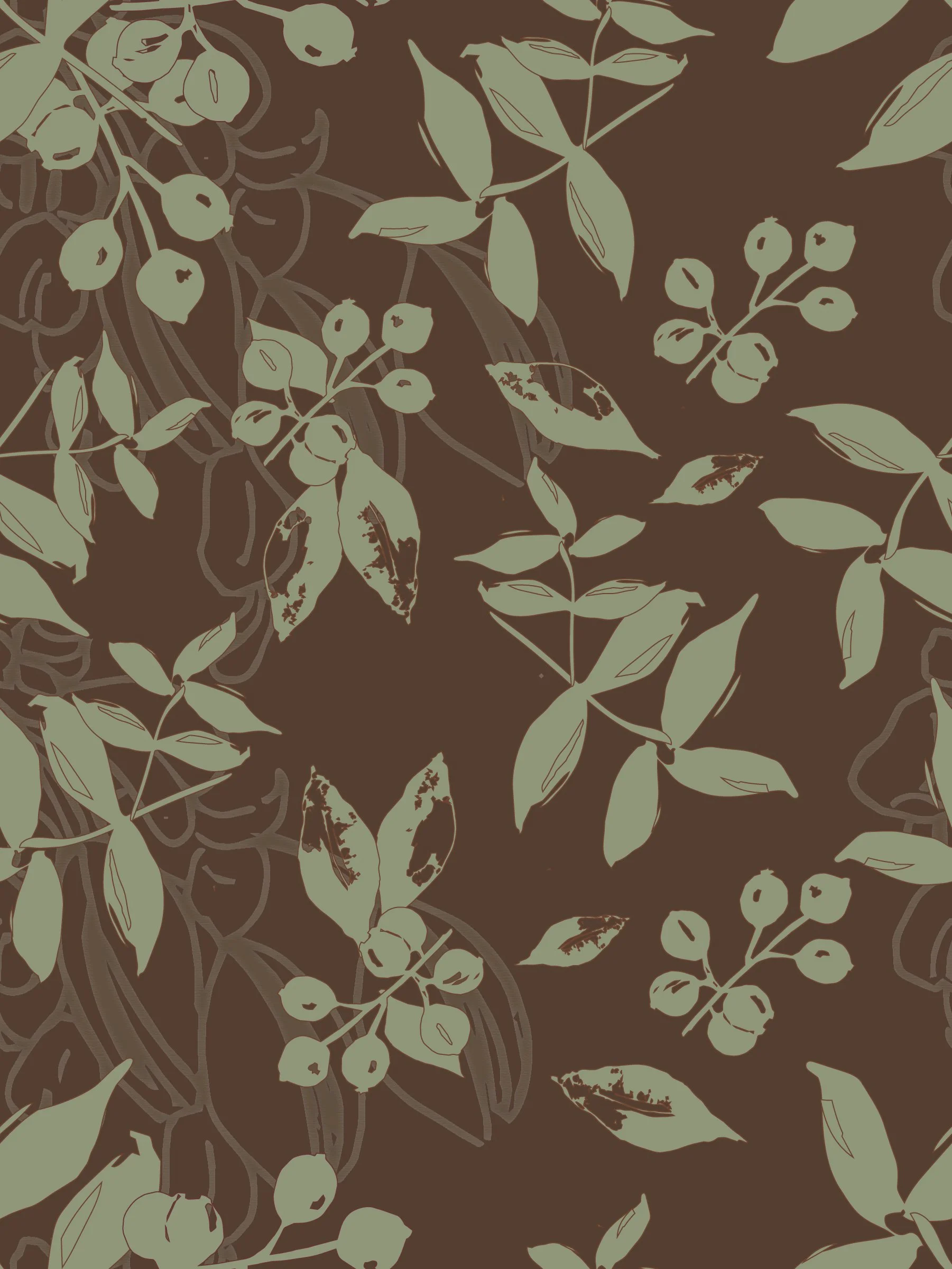 Pattern of light green leaves and small berries on a dark background