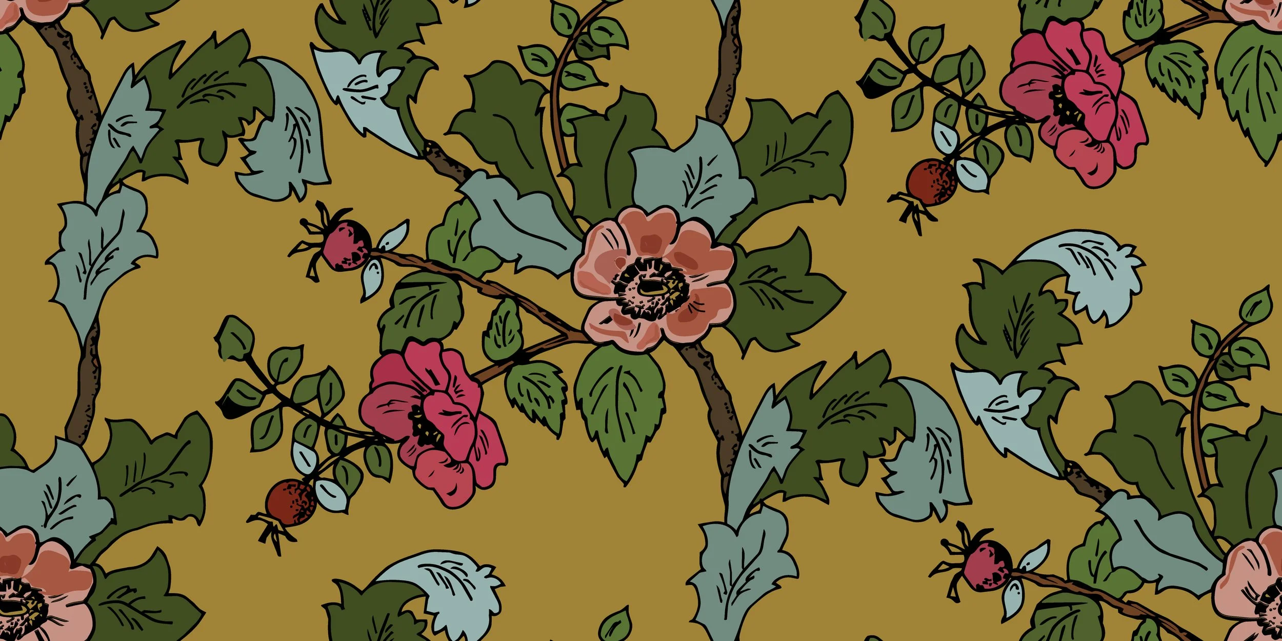 Pattern of roses, leaves, and ladybugs on a yellow background.