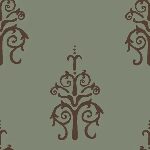 Elegant, dark brown floral pattern on a muted green background, featuring stylized symmetrical vines and leaves.