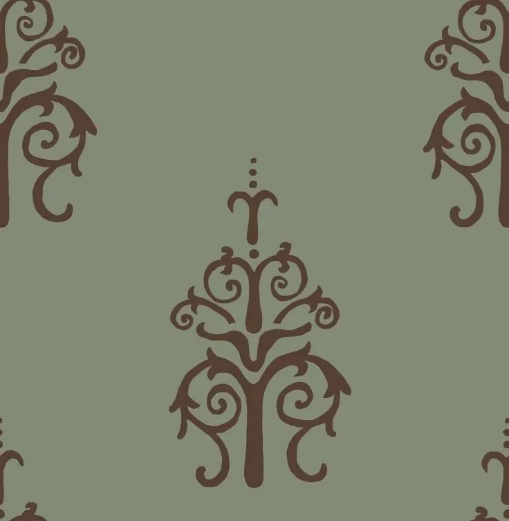 Pattern of symmetrical, ornate brown floral and foliage motifs on a muted green background.