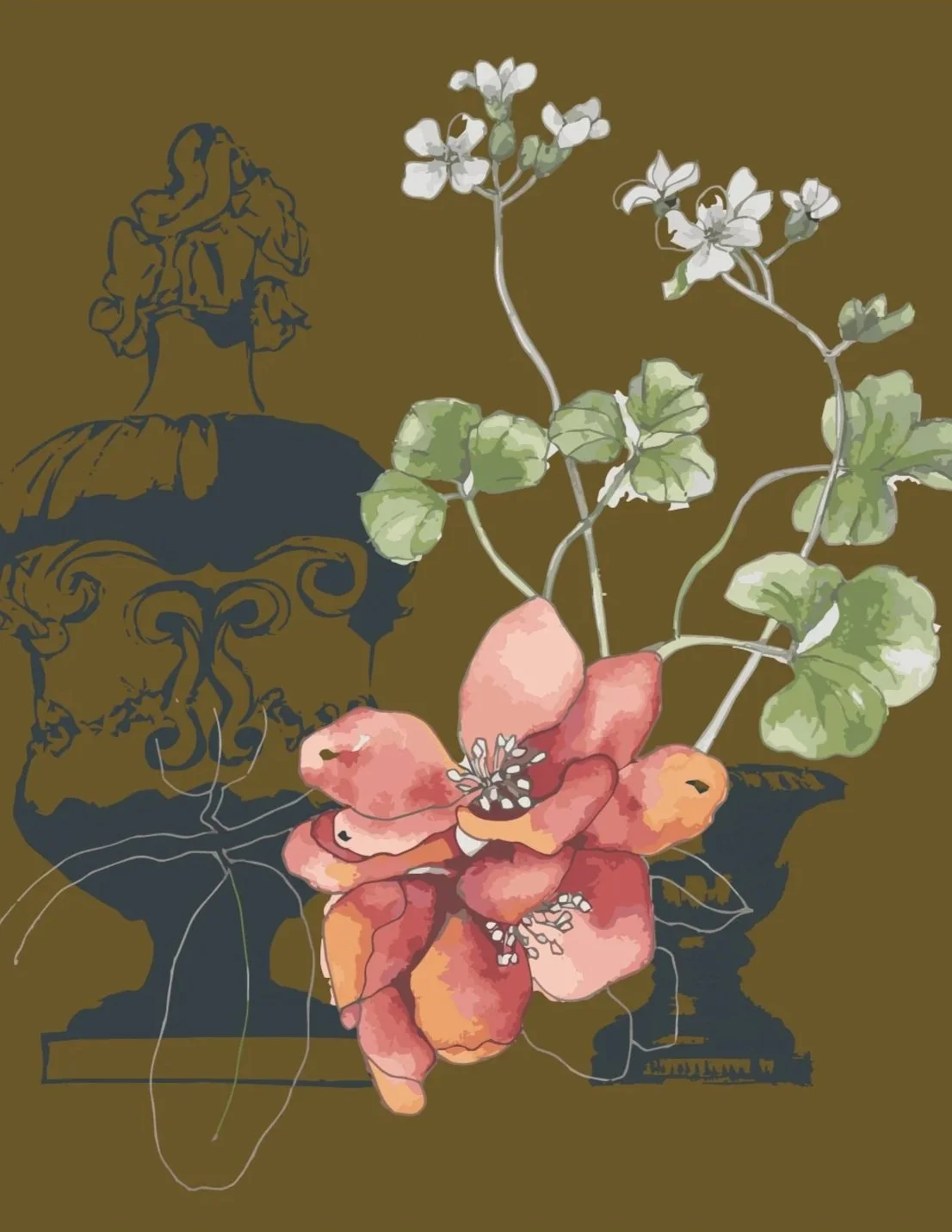 A digital illustration of a flowering plant with pink and orange petals, green leaves, and small white flowers on a dark background.