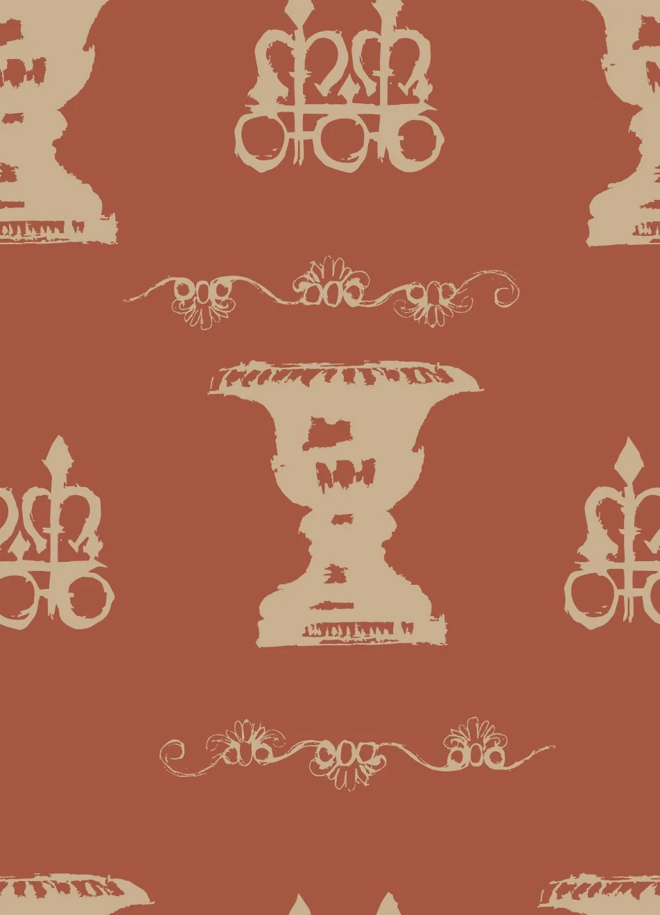A decorative pattern featuring stylized urns, floral swirls, and hand-drawn interpretations of architectural details on a reddish-brown background.