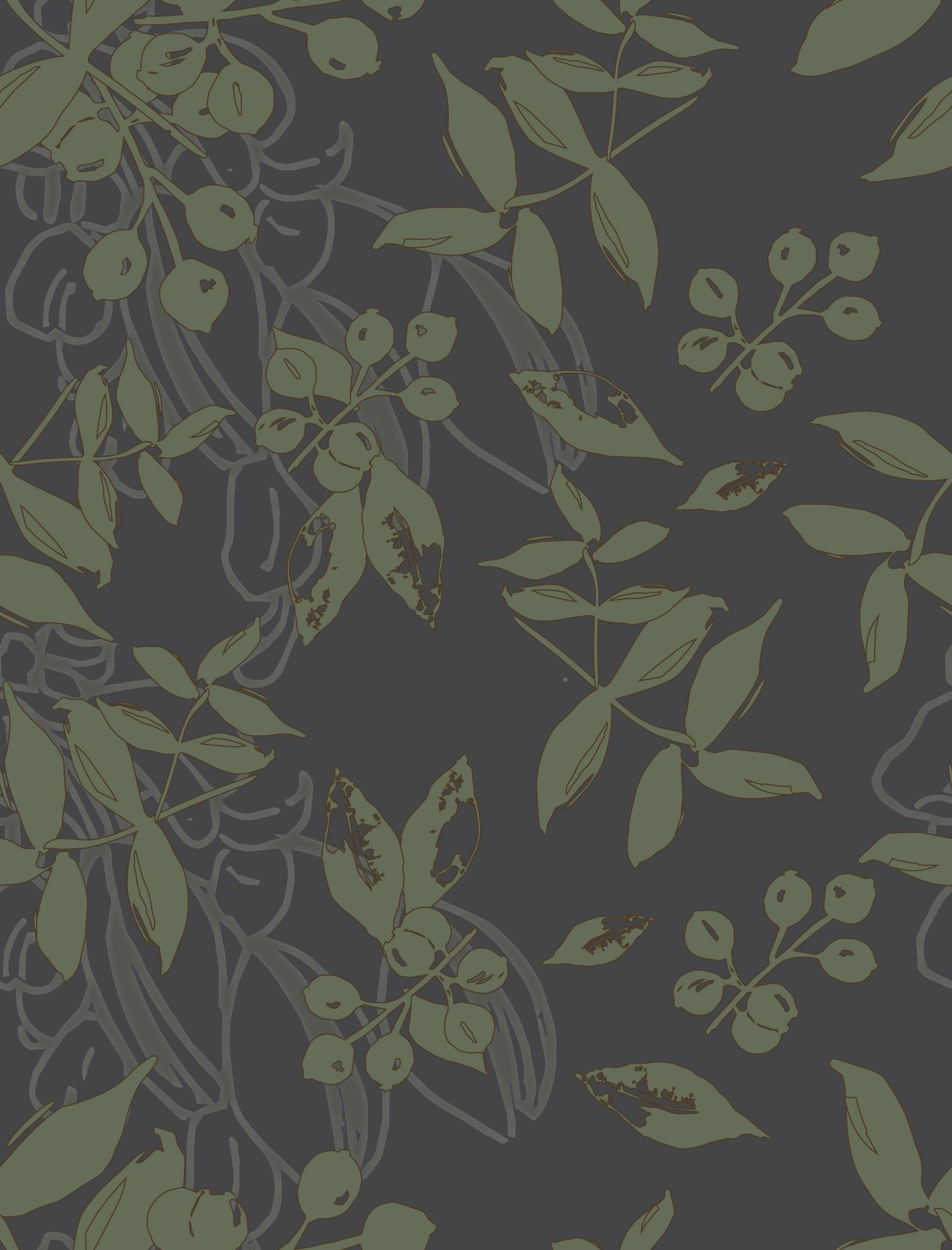 muted sage pattern featuring nandina branches with leaves and berries on a dark navy background.
