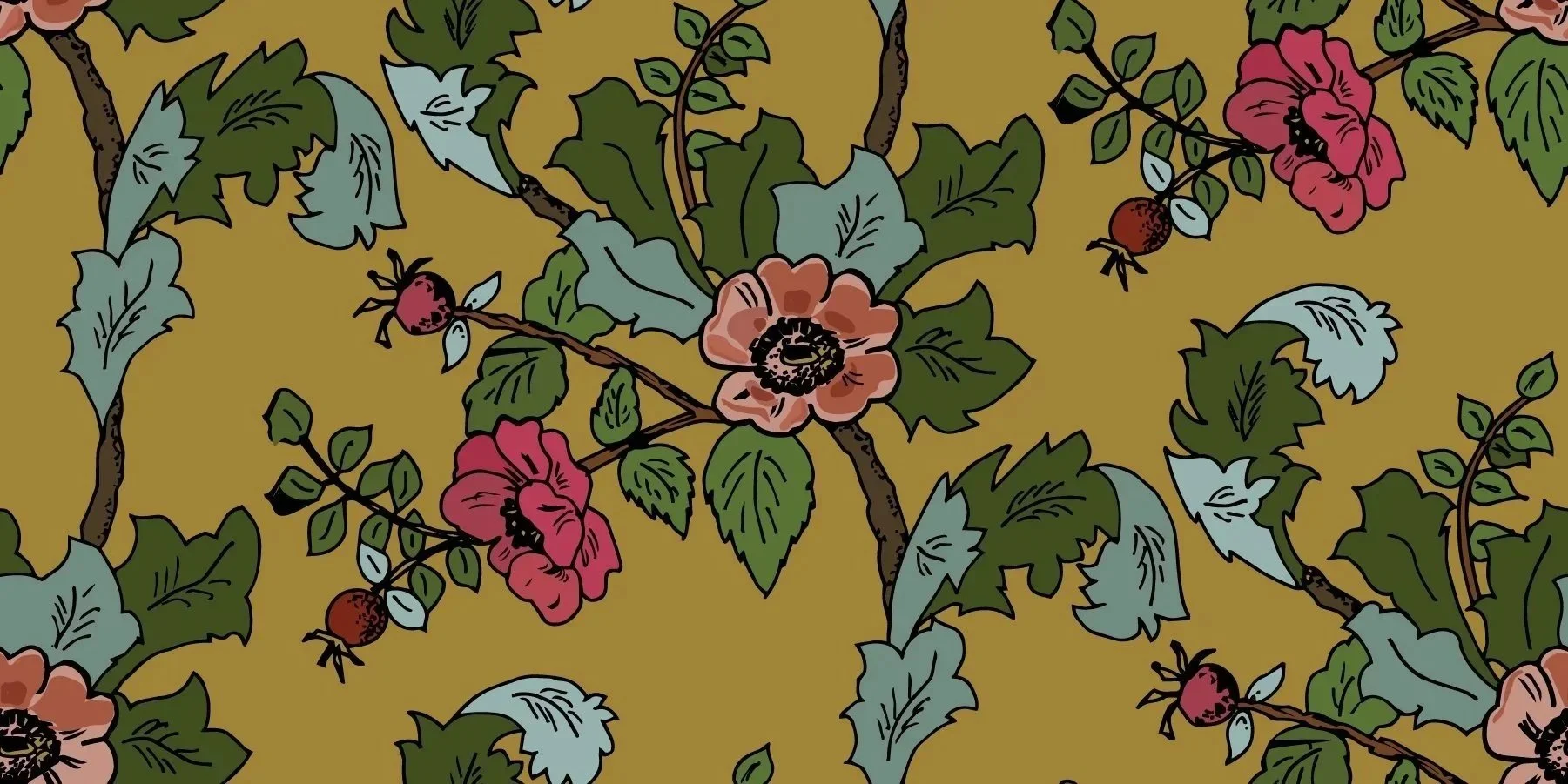 A seamless trailing floral pattern featuring roses,rosehips, holly leaves, and berries on a gold background.