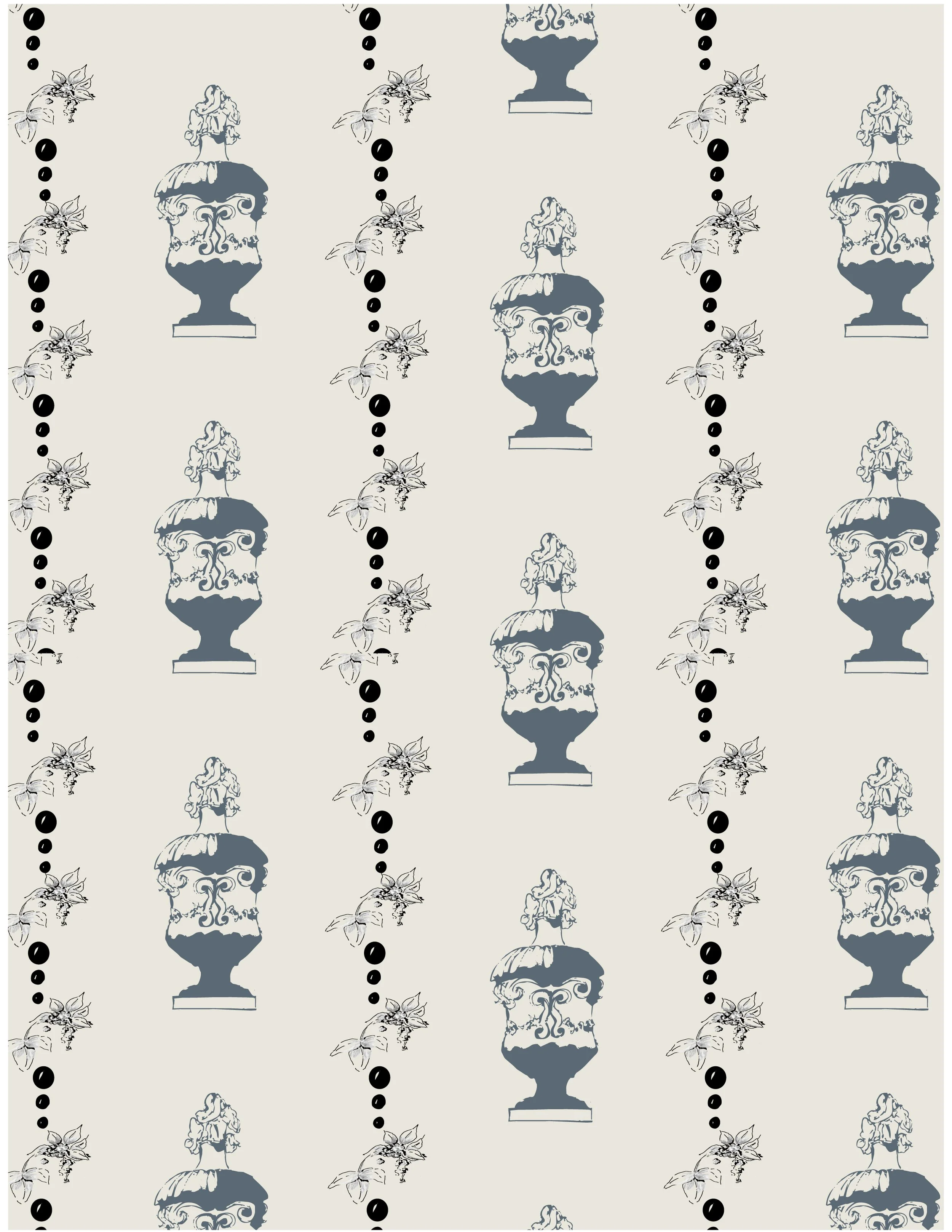 A pattern of decorative urns and floral elements on a light-colored cream background.