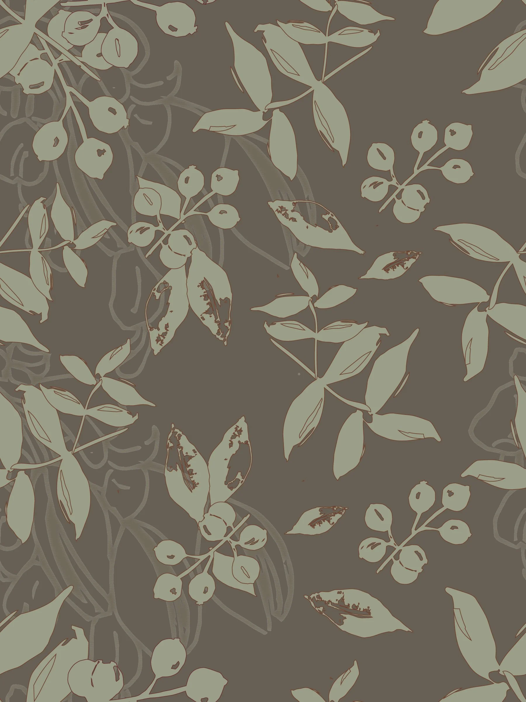 A nandina leaf pattern on a  background featuring stylized illustrations of leaves and small round berries in a muted, monochromatic color scheme.