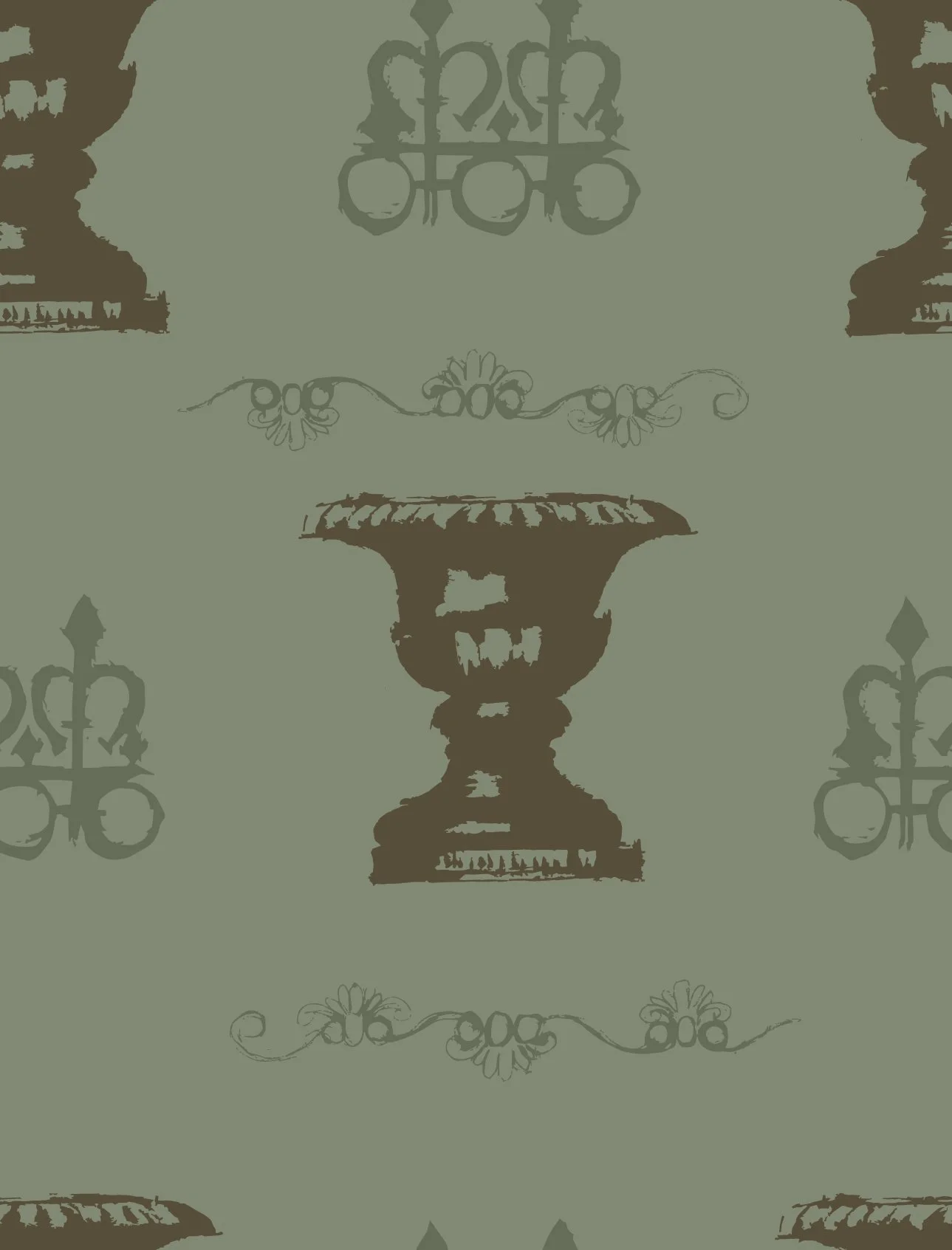 Pattern of vintage plant urns, chandeliers, and floral decor in muted green and brown tones.