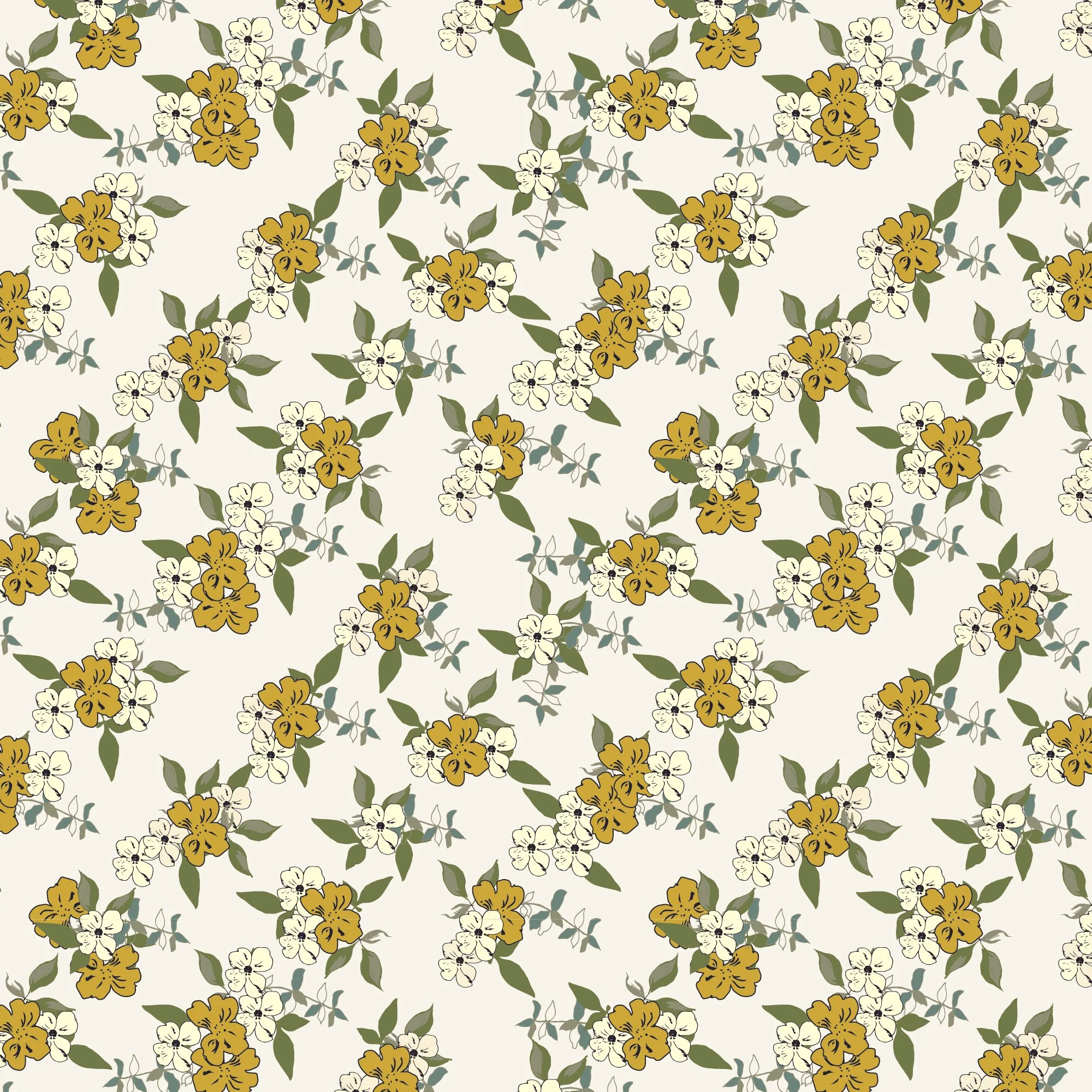 A floral pattern featuring white, black, and yellow flowers with green leaves on a light background.