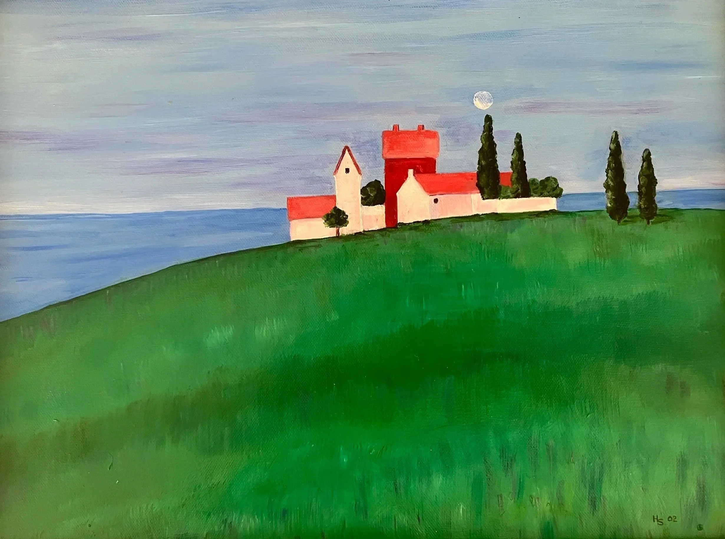 An oil landscape painting of a small village with red-roofed buildings, tall green cypress trees, by a body of water, under a cloudy sky with visible moon.