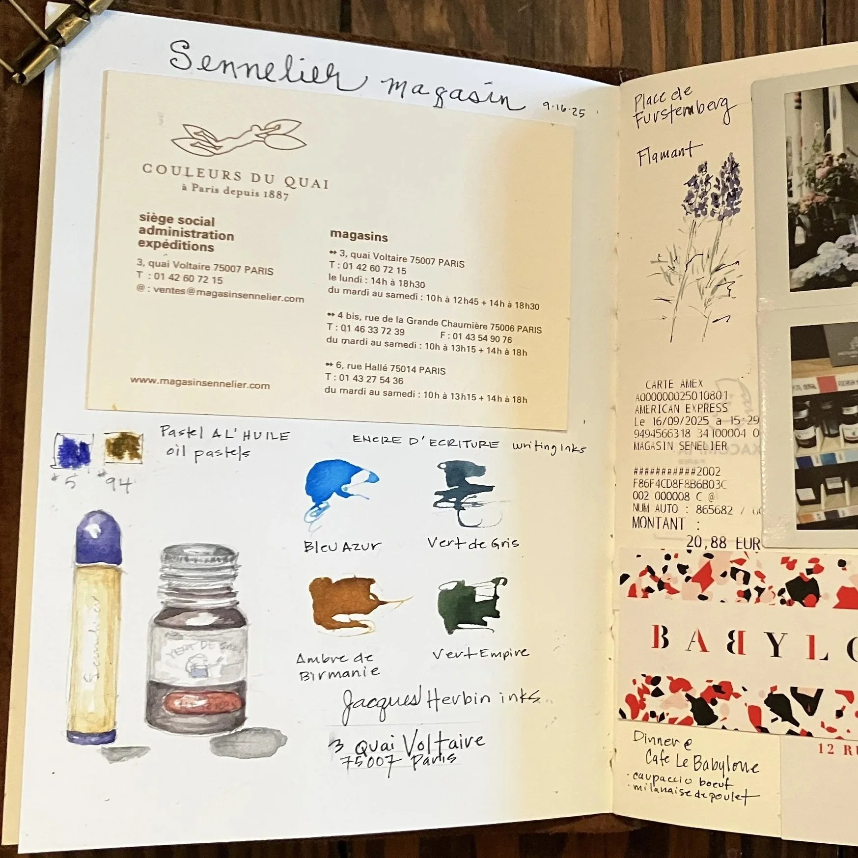 Handwritten notes and colorful ink swatches from a journal or scrapbook page. The notes include references to places, dates, and ink colors, with some words in French. A printed business card from 'Couleurs du Quai' in Paris is also visible, providing contact information for stores and their addresses.