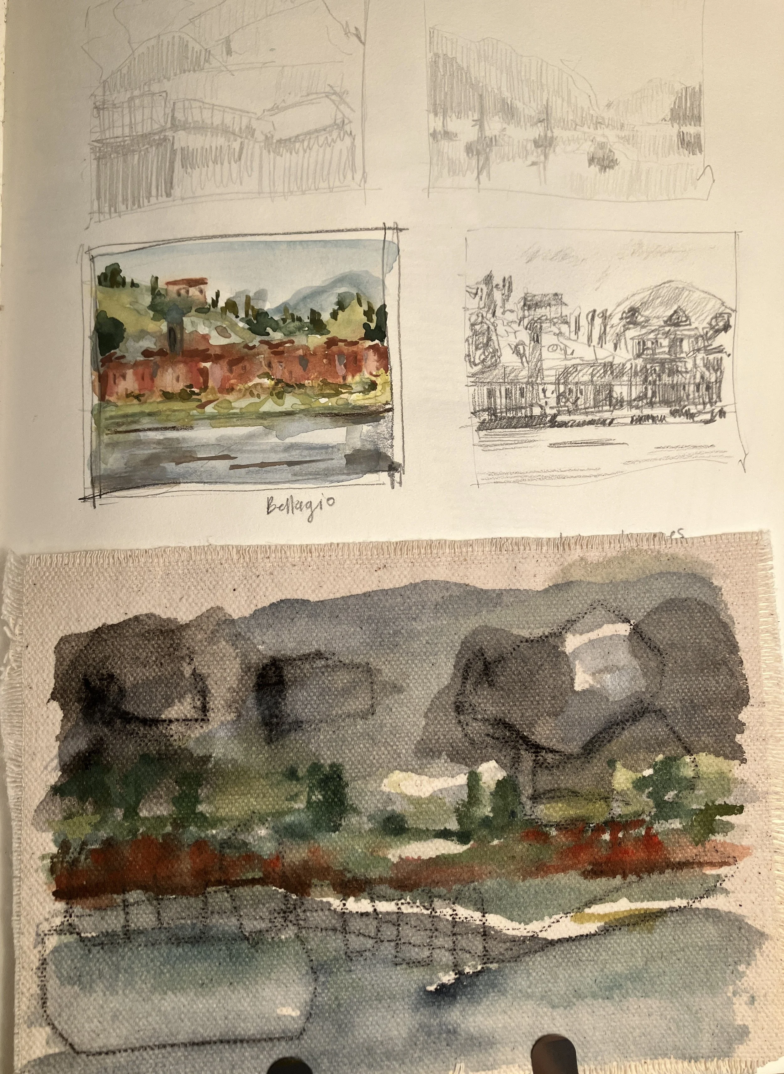 Four sketches of landscapes and cityscapes, with one colored watercolor painting labeled 'Bellagio' depicting a hillside with greenery, trees, and buildings.