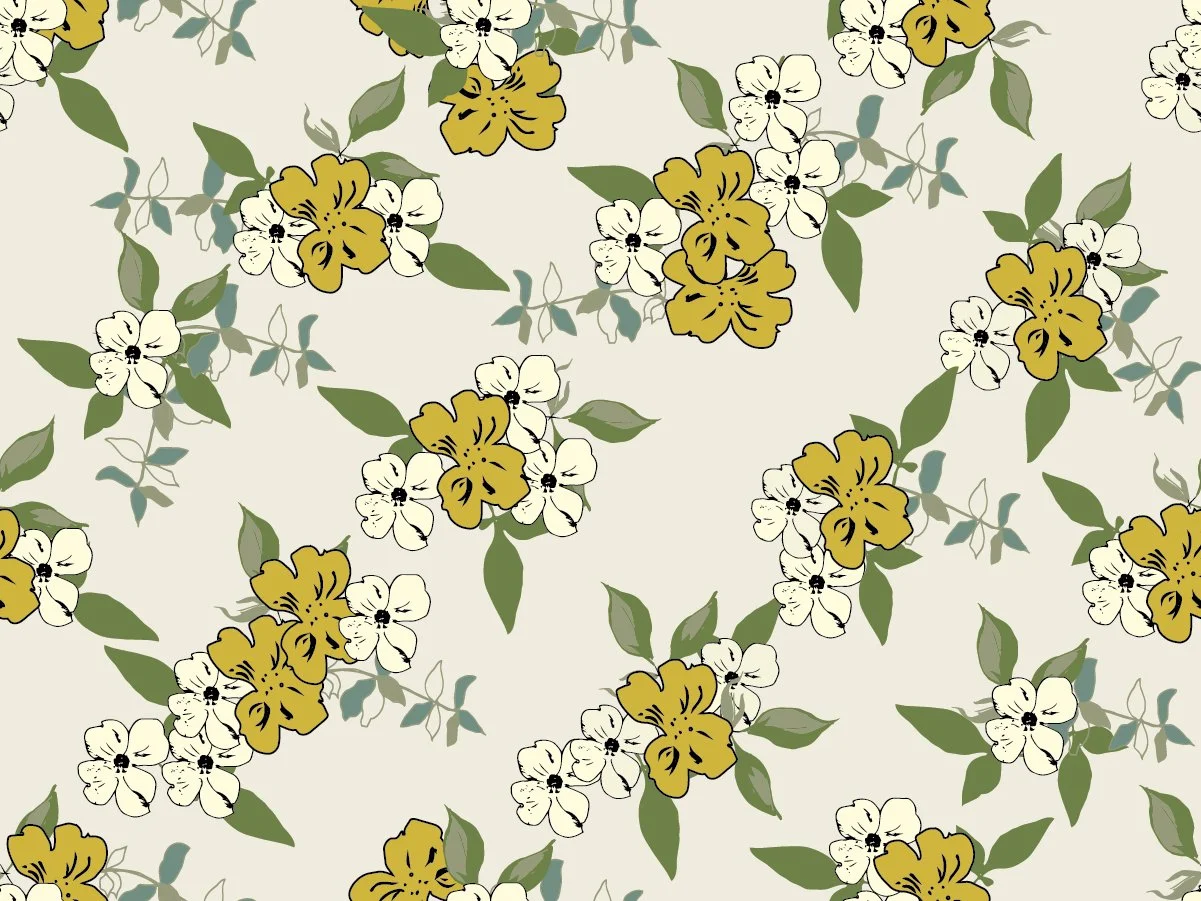 Pattern of white and yellow flowers with green leaves on a light background.