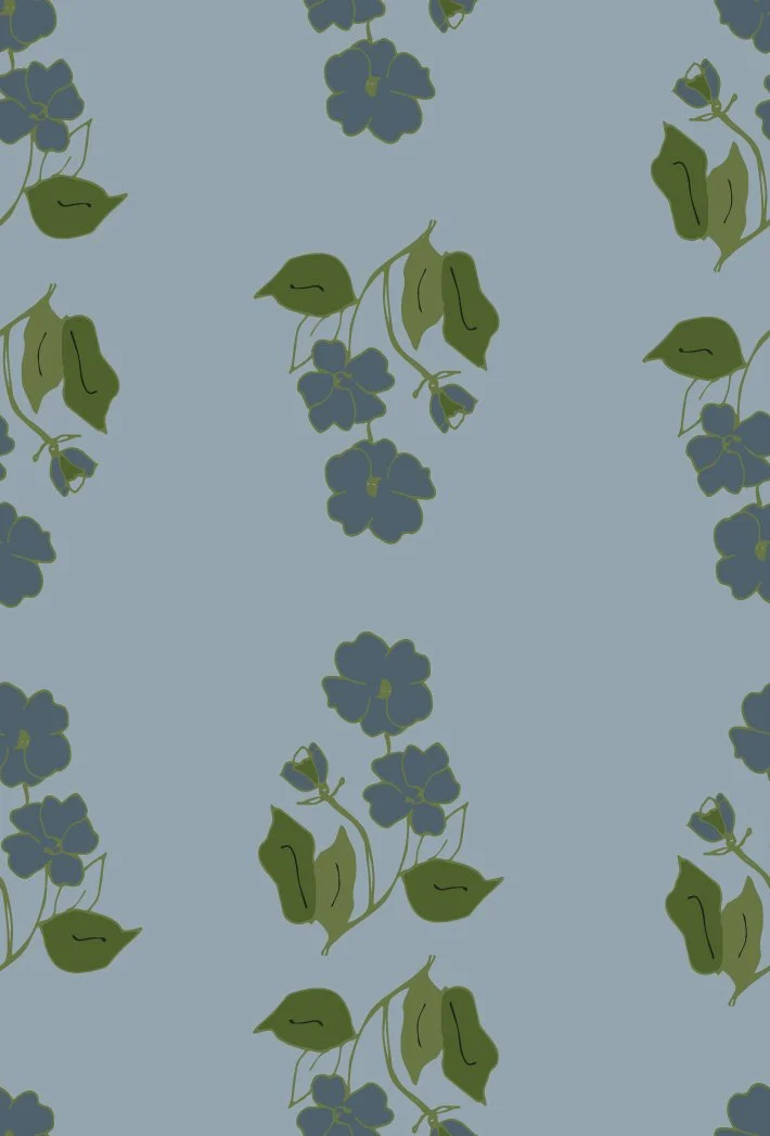 A pattern of dark green leaves and blue flowers on a light blue background.