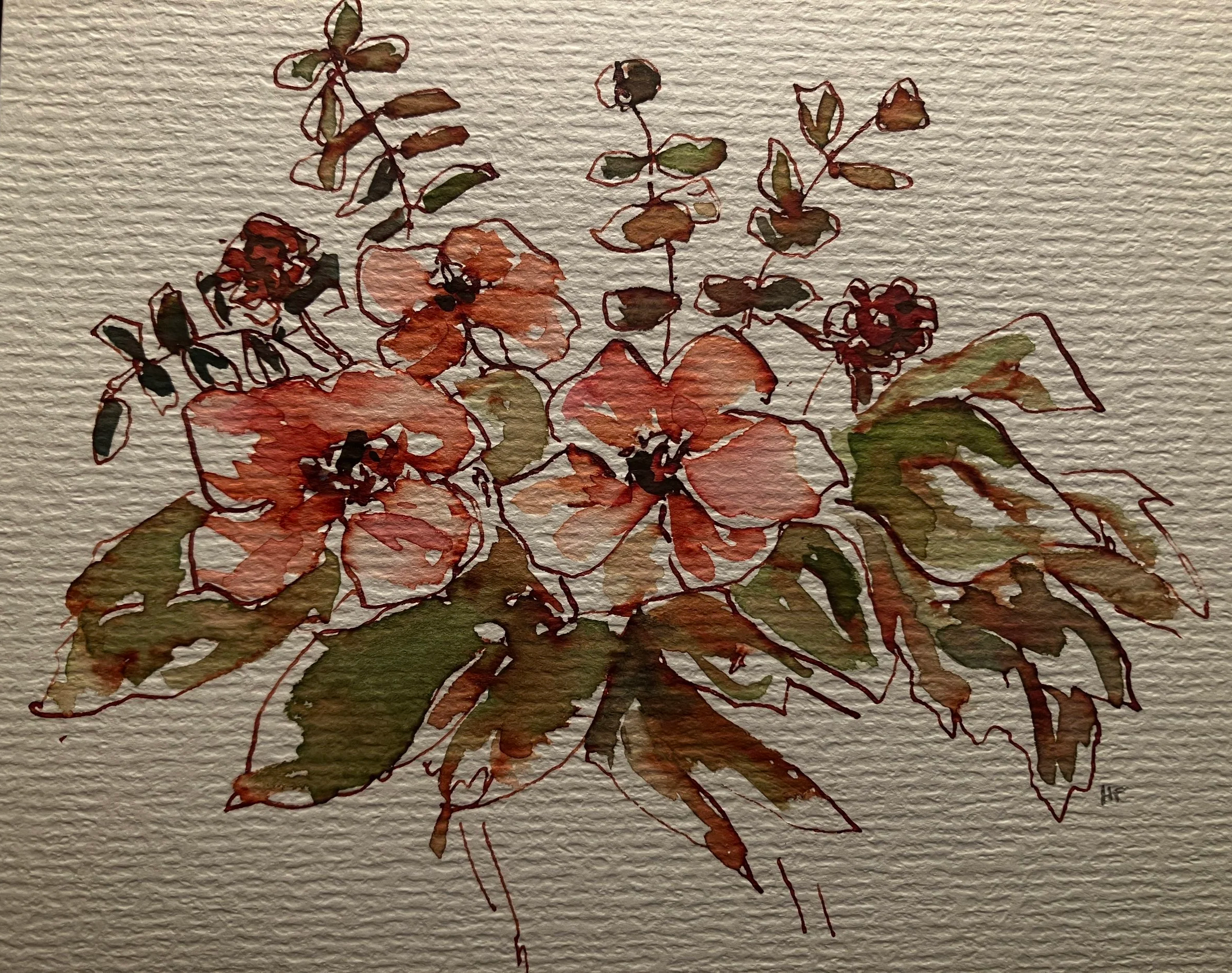 Watercolor and ink painting of a plant with red and green leaves and berries on textured paper.