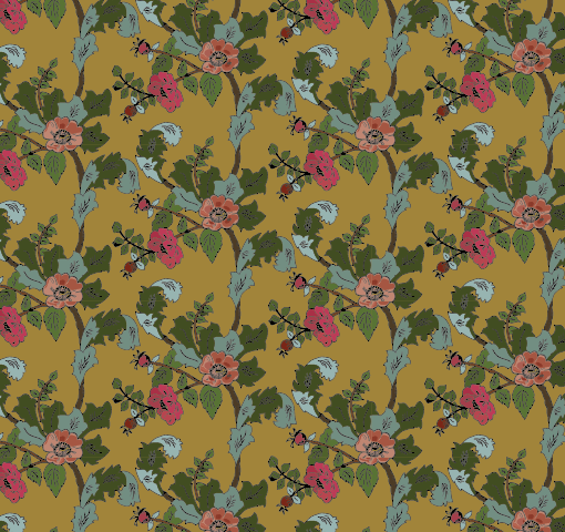 Pattern of pink and coral flowers with green leaves on a mustard yellow background.