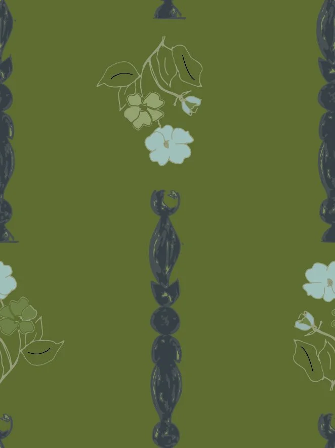 A stylized floral pattern with blue and white flowers on a green background, framed by dark decorative borders.