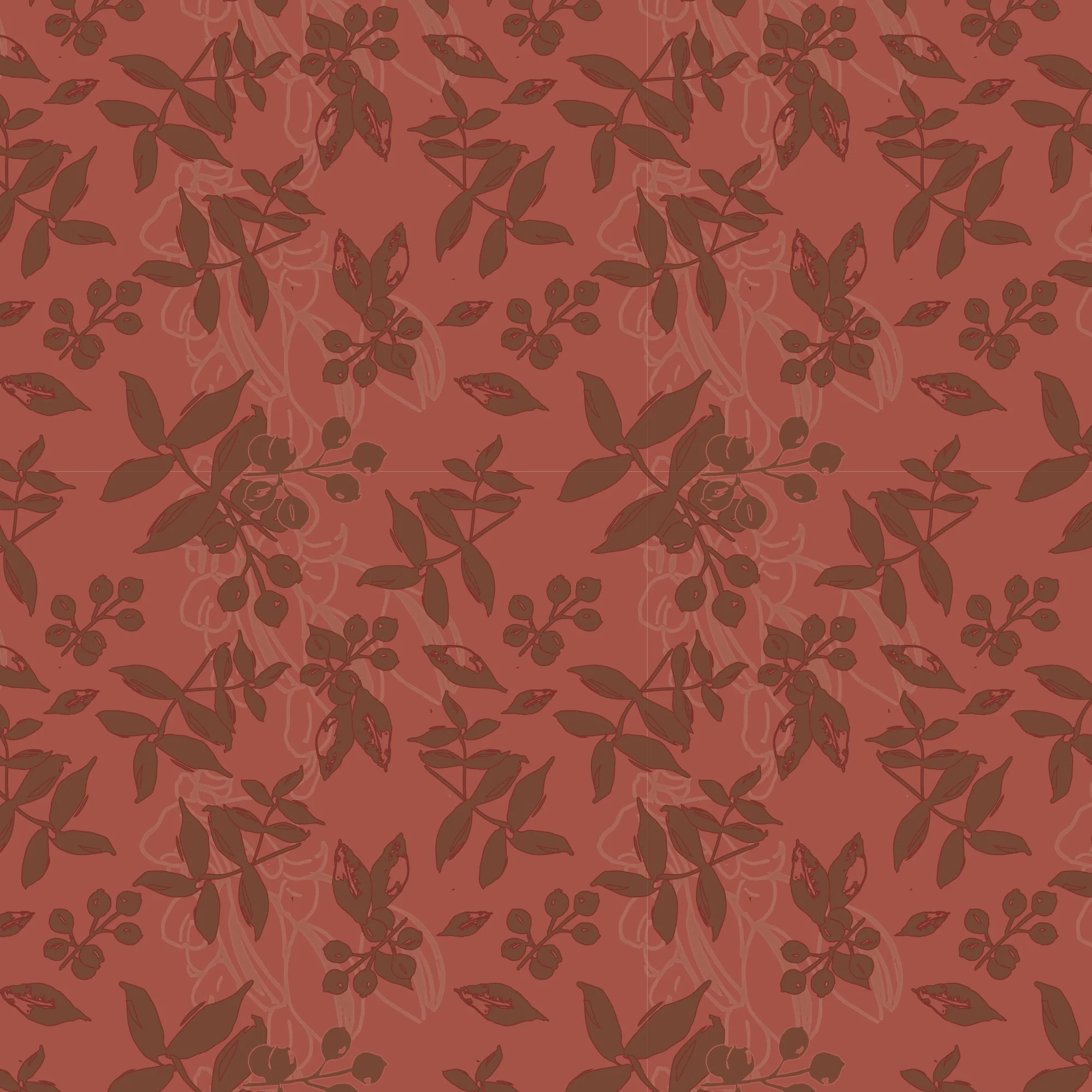 Pattern of brown leaves and berries on a reddish-brown background with a subtle outline of a hand and a rabbit face.