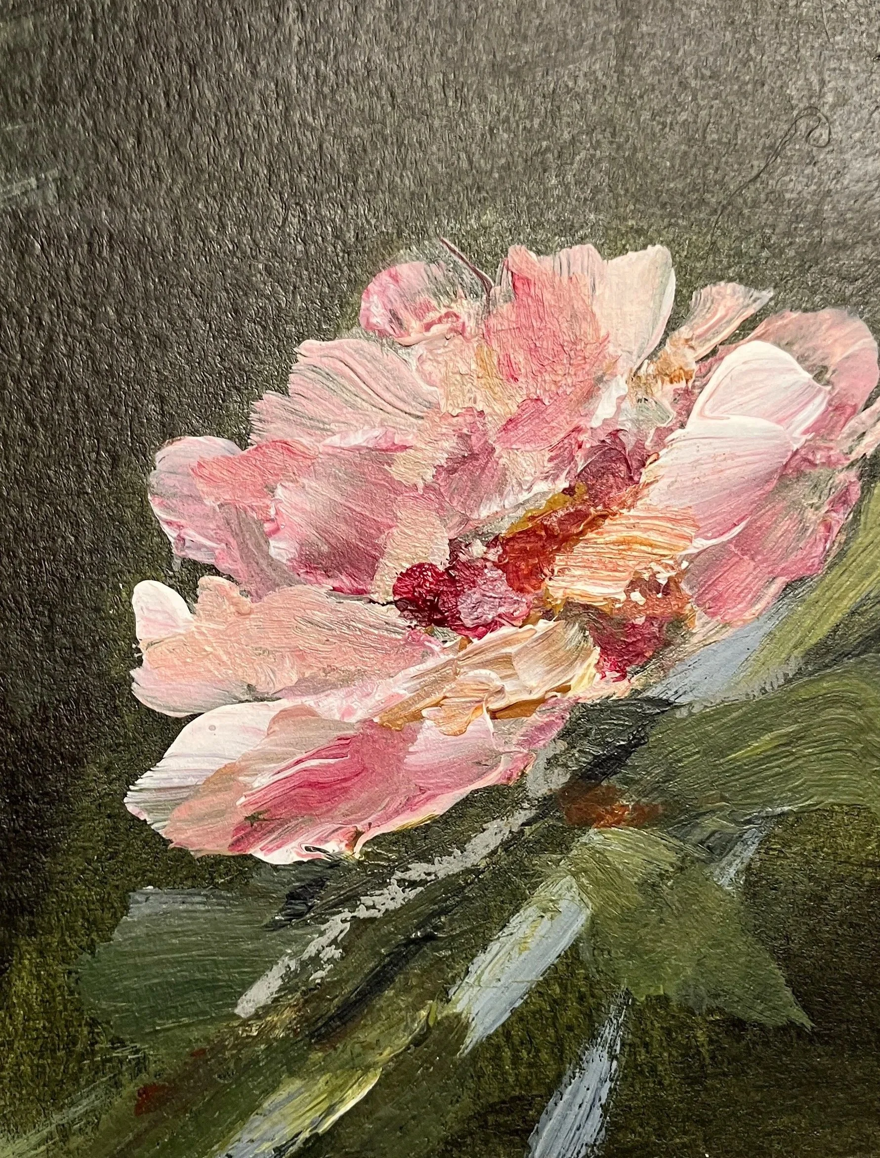 An acrylic abstract painting featuring pink and white flowers with green and black background brushstrokes.