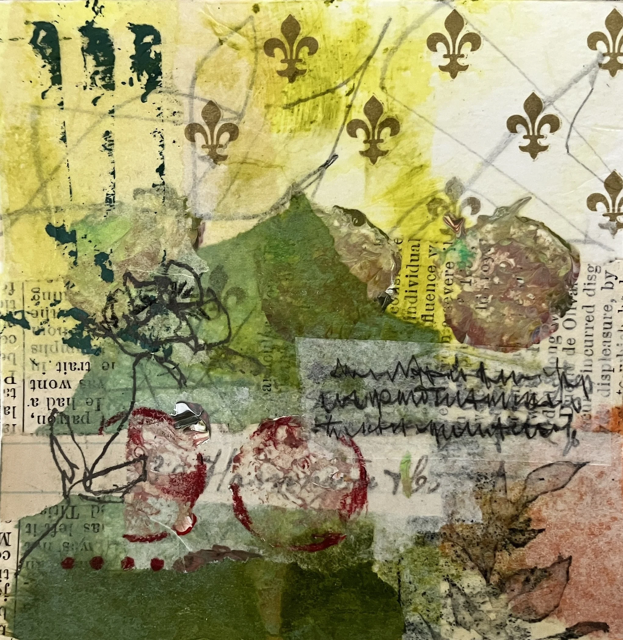 A collage combining torn paper, strings, handwritten text, printed text, painted flowers, and symbols on textured background.