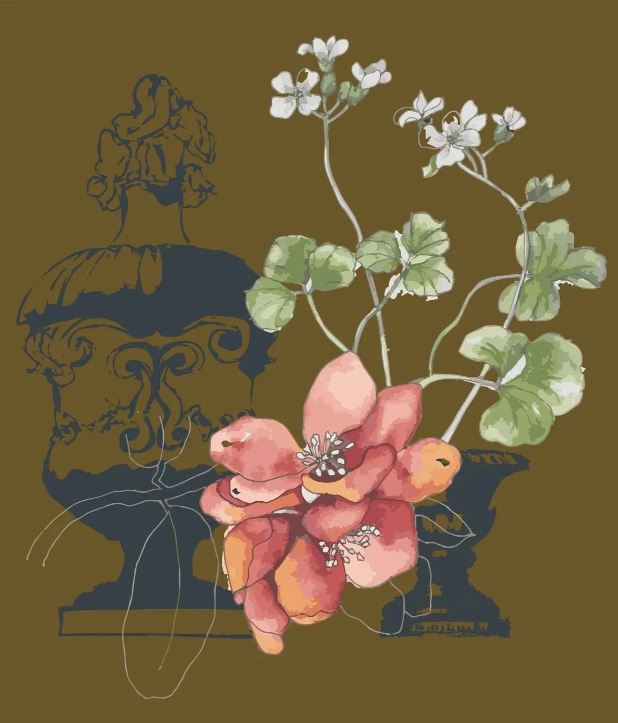 An original watercolor floral in greens and blush tones with historical drawings of statuary and urns