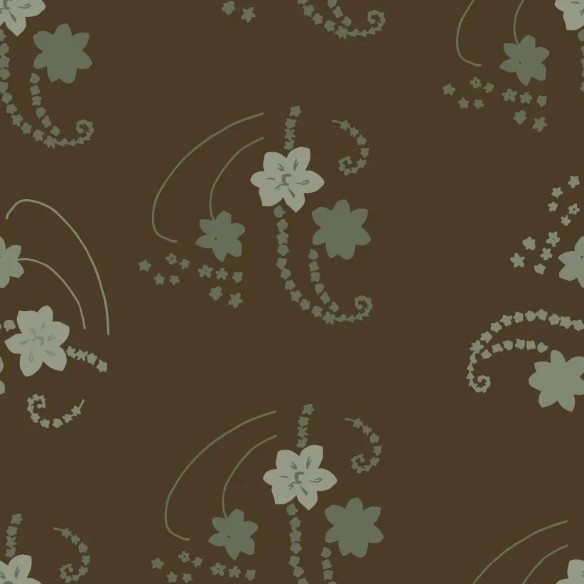 Pattern of light green flowers and curly vines on a dark brown background.