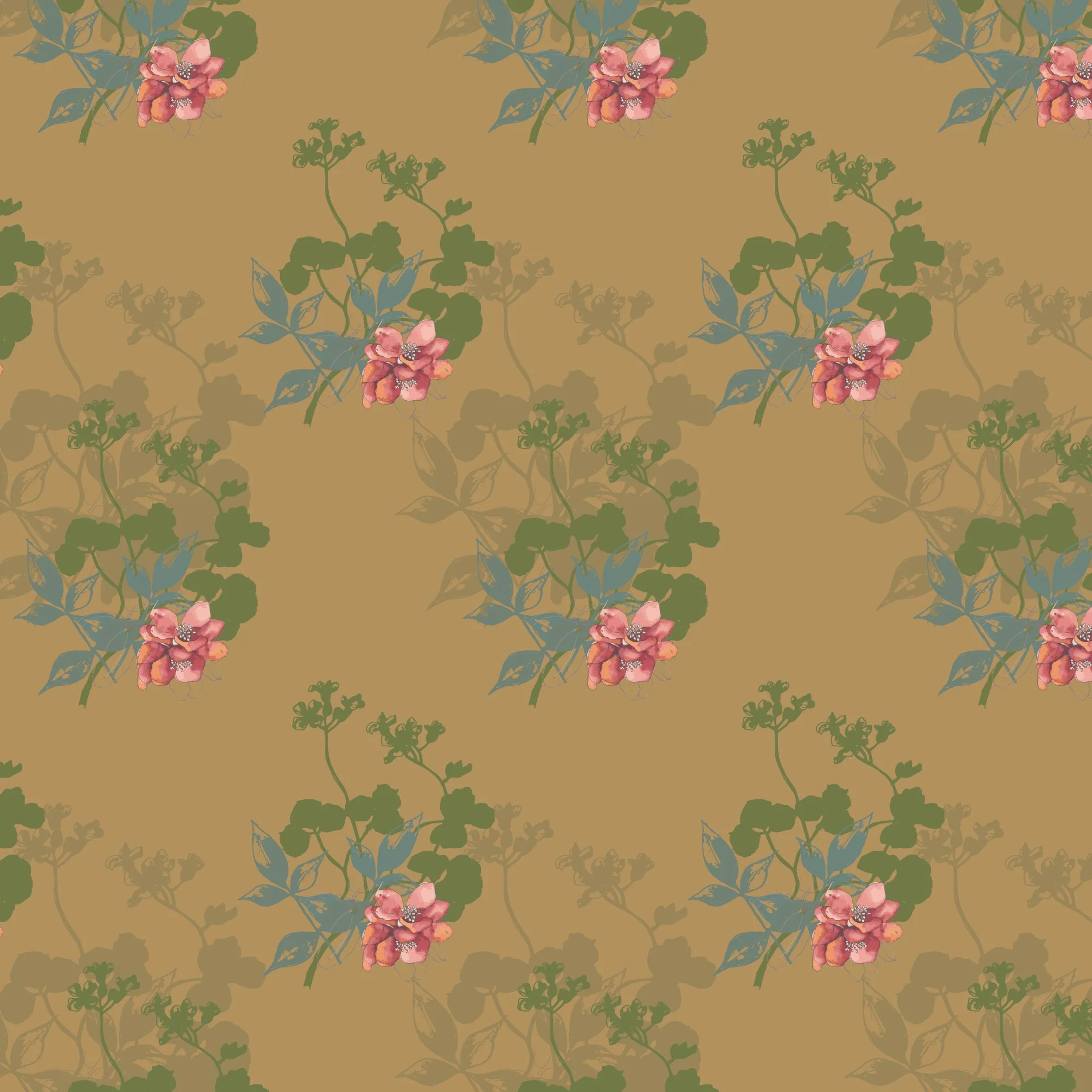A seamless pattern with pink flowers and green leaves on a tan background.