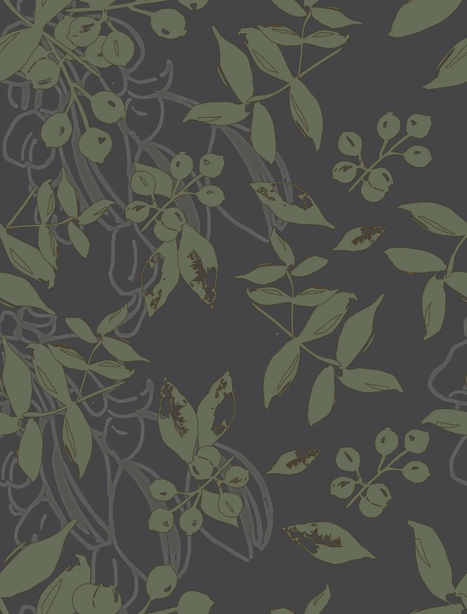 A pattern of nandina branches, leaves, and olives on a dark background.