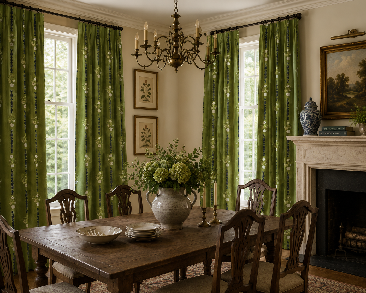 A dining room with six wooden chairs around a rustic wooden table, a large ceramic vase with green flowers, two candlesticks, and a pair of plates, with green patterned curtains, a chandelier, and a fireplace with decorative items on the mantel.