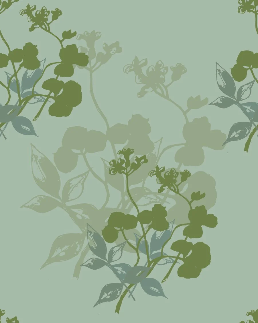 Pattern of green leaves and small flowers on a light green background.