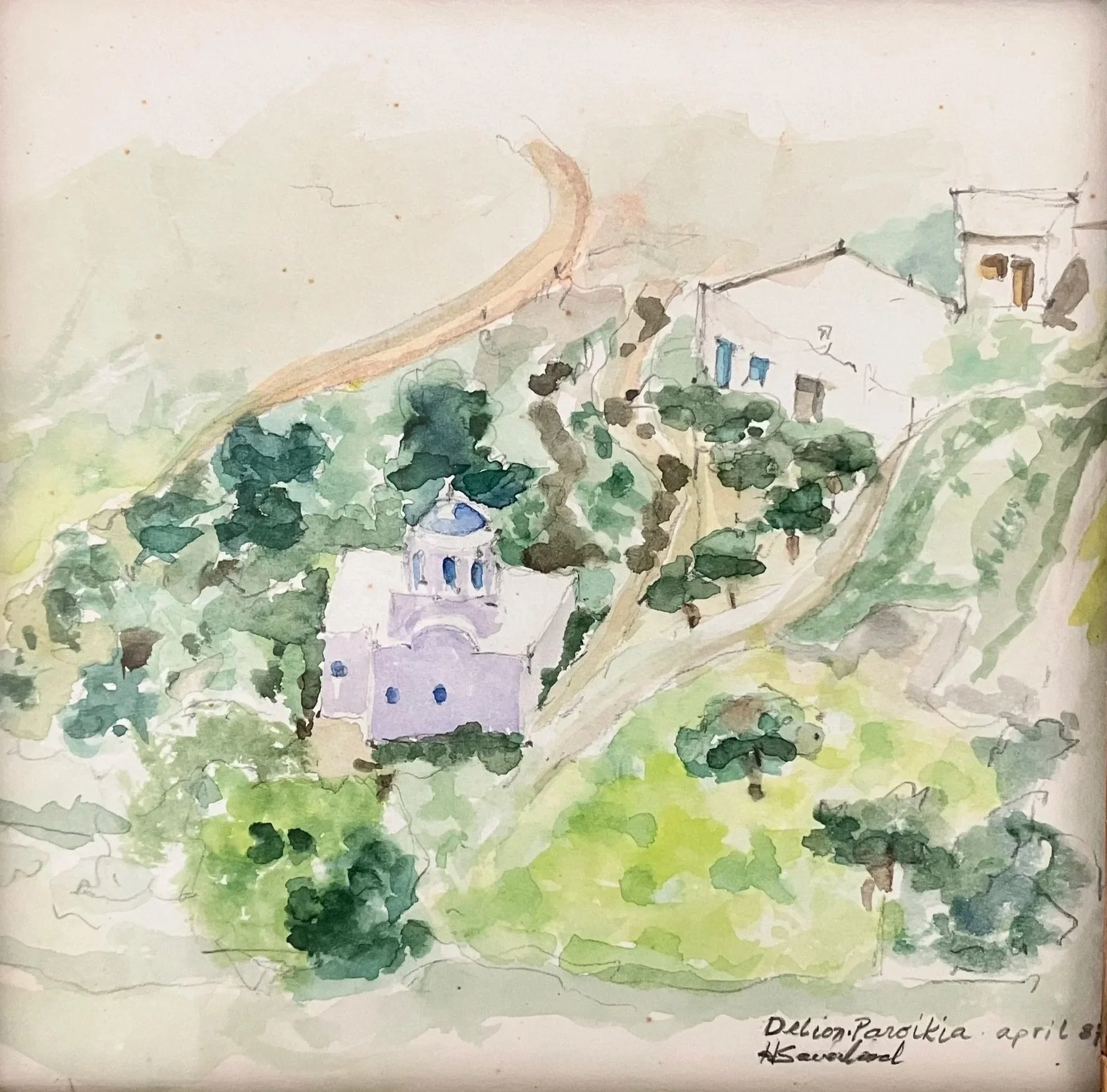 A watercolor painting of a hillside with a church at the bottom, surrounded by trees and a winding dirt path, signed by Delion Paroulkia, dated April 8, in Kea, Greece.