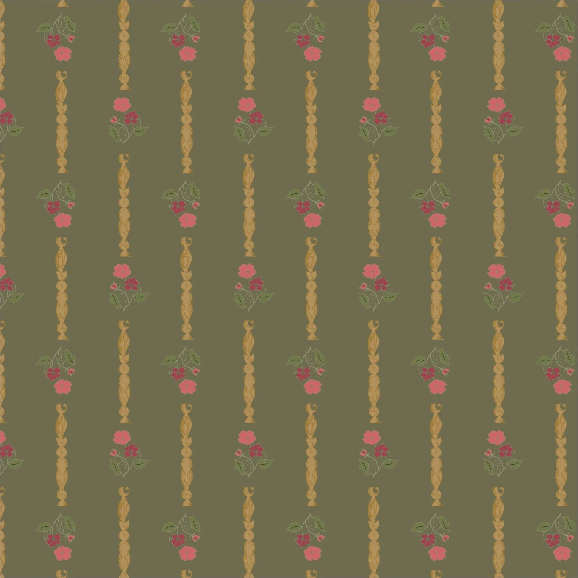 Pattern of vertical gold beaded chains alternating with groups of pink and red flowers with green leaves on an olive green background.