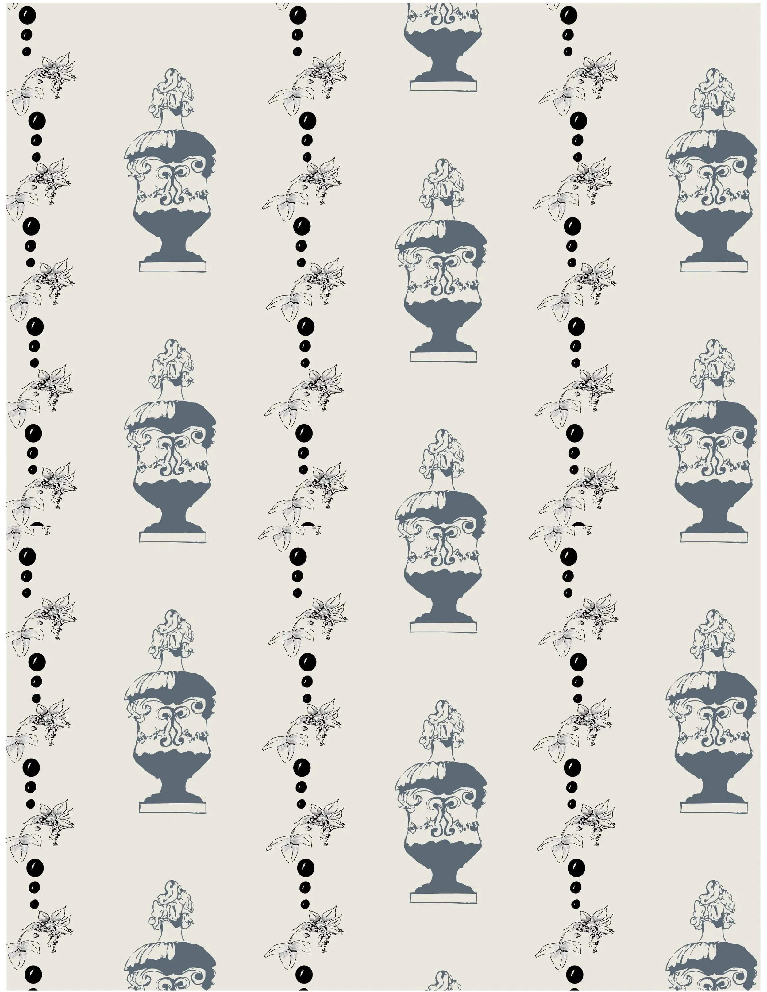 Pattern featuring classical-style urns with floral and decorative designs, alternating with smaller sketches of floral motifs and dotted lines on a light background.