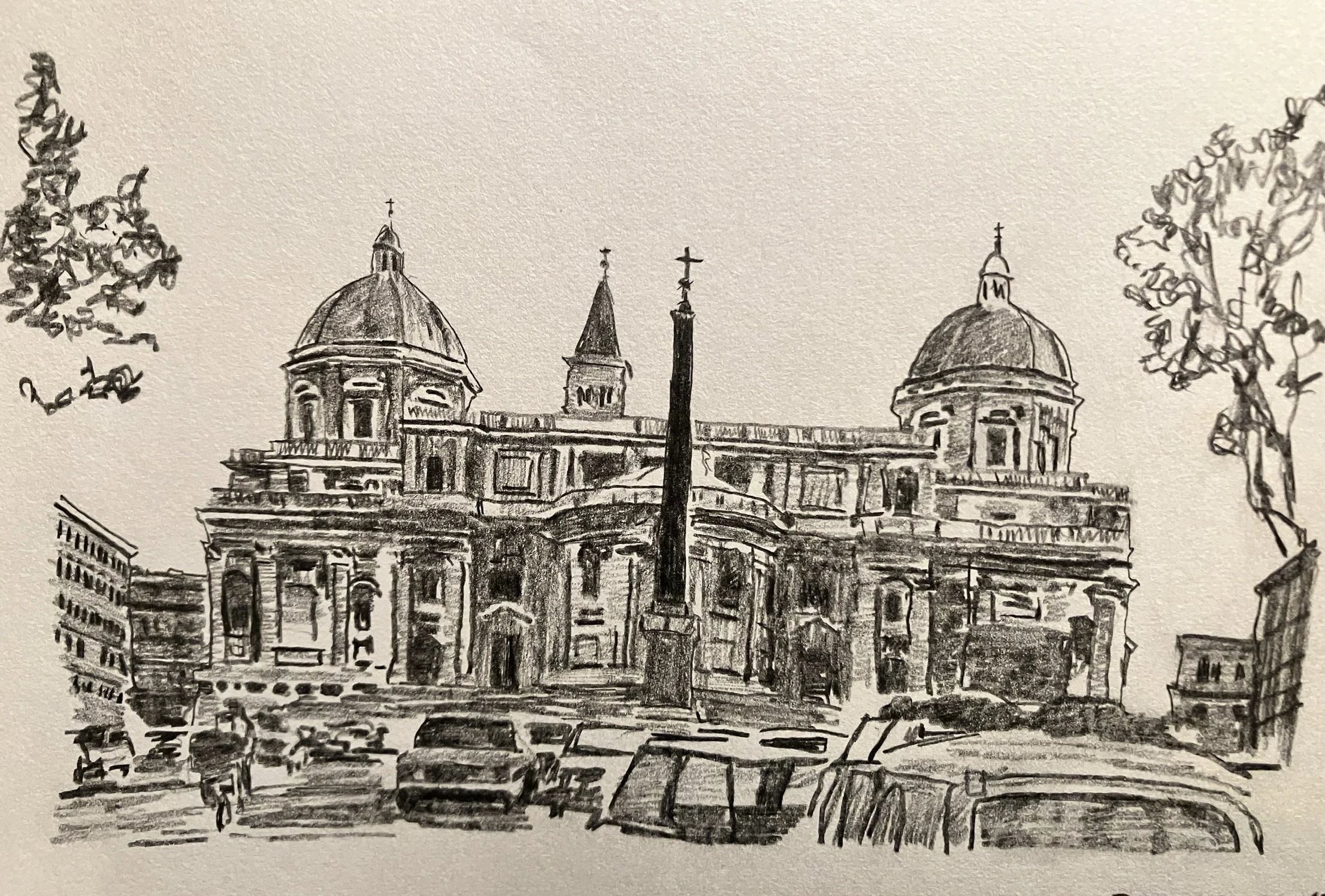A black-and-white sketch of a historic building with two domed towers, a central cross on a spire, and surrounding trees.
