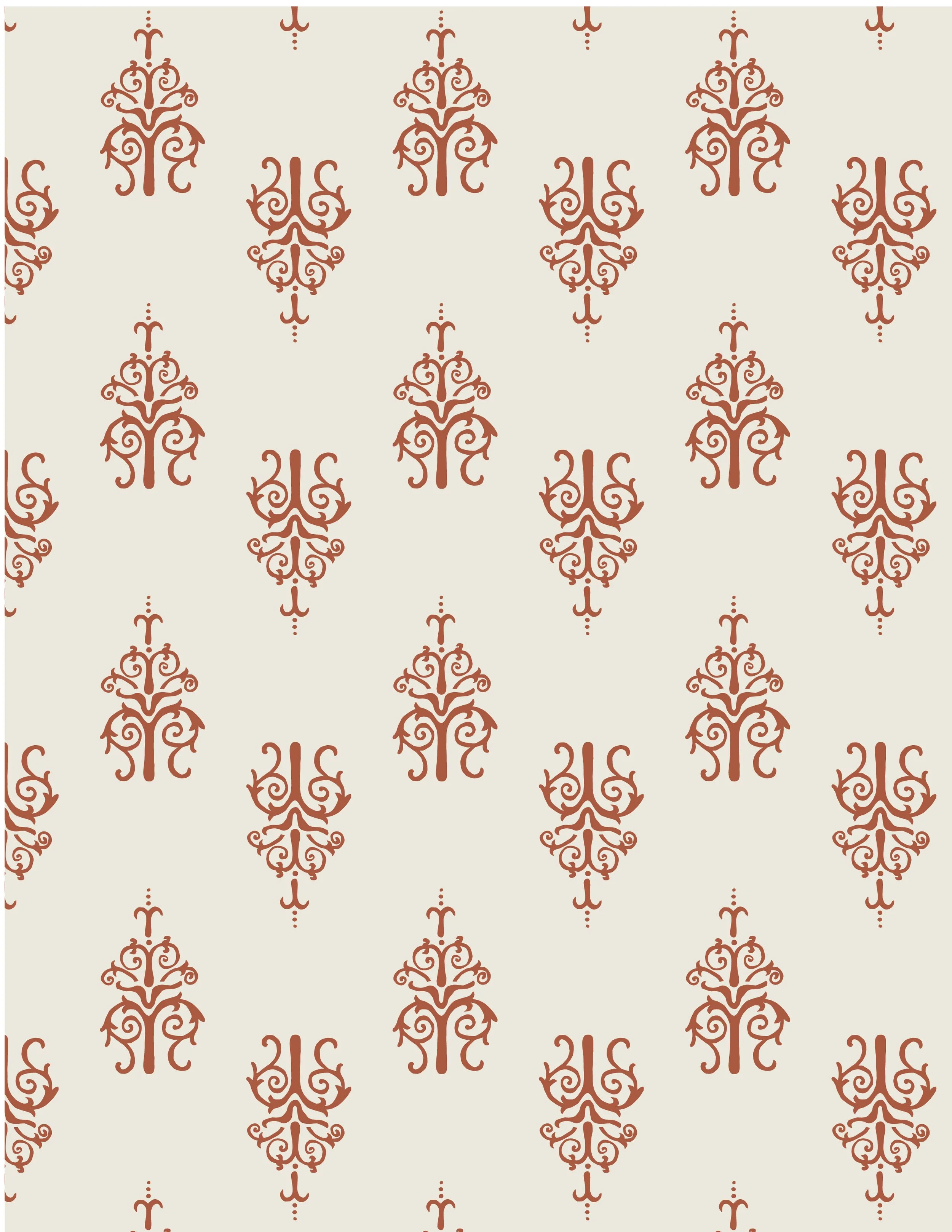 A repeating pattern of ornate, symmetrical, brown decorative motifs on a light beige background.