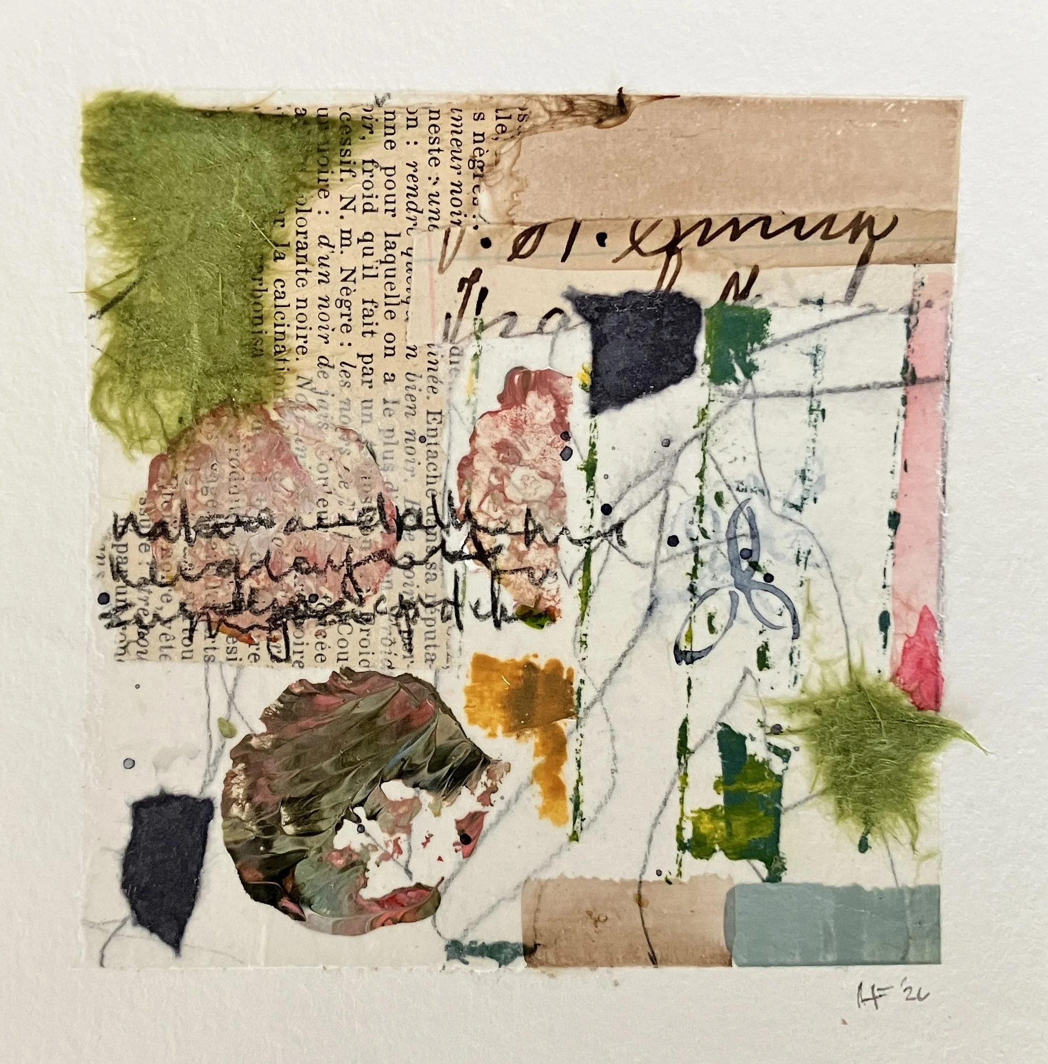 Mixed media artwork with torn paper, handwritten text, watercolor elements, and textured paint in various colors, including green, red, black, and beige, assembled in an abstract collage style.