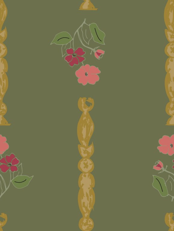 A patterned wallpaper design with green background, gold decorative columns derived from architectural carvings, and pink flowers with green leaves.