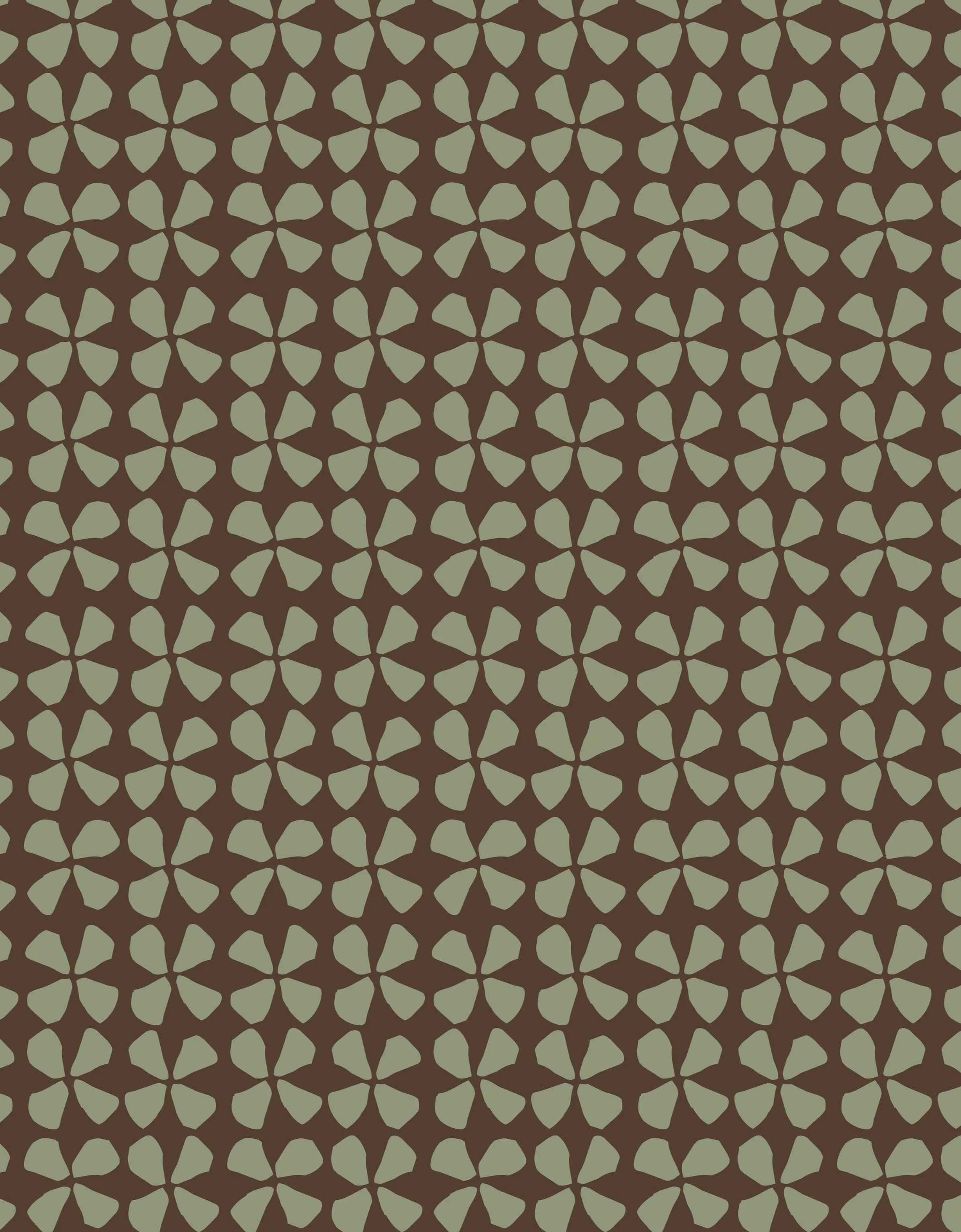 A repeating geometric pattern with green shapes resembling four-leaf clovers or petal arrangements on a brown background.