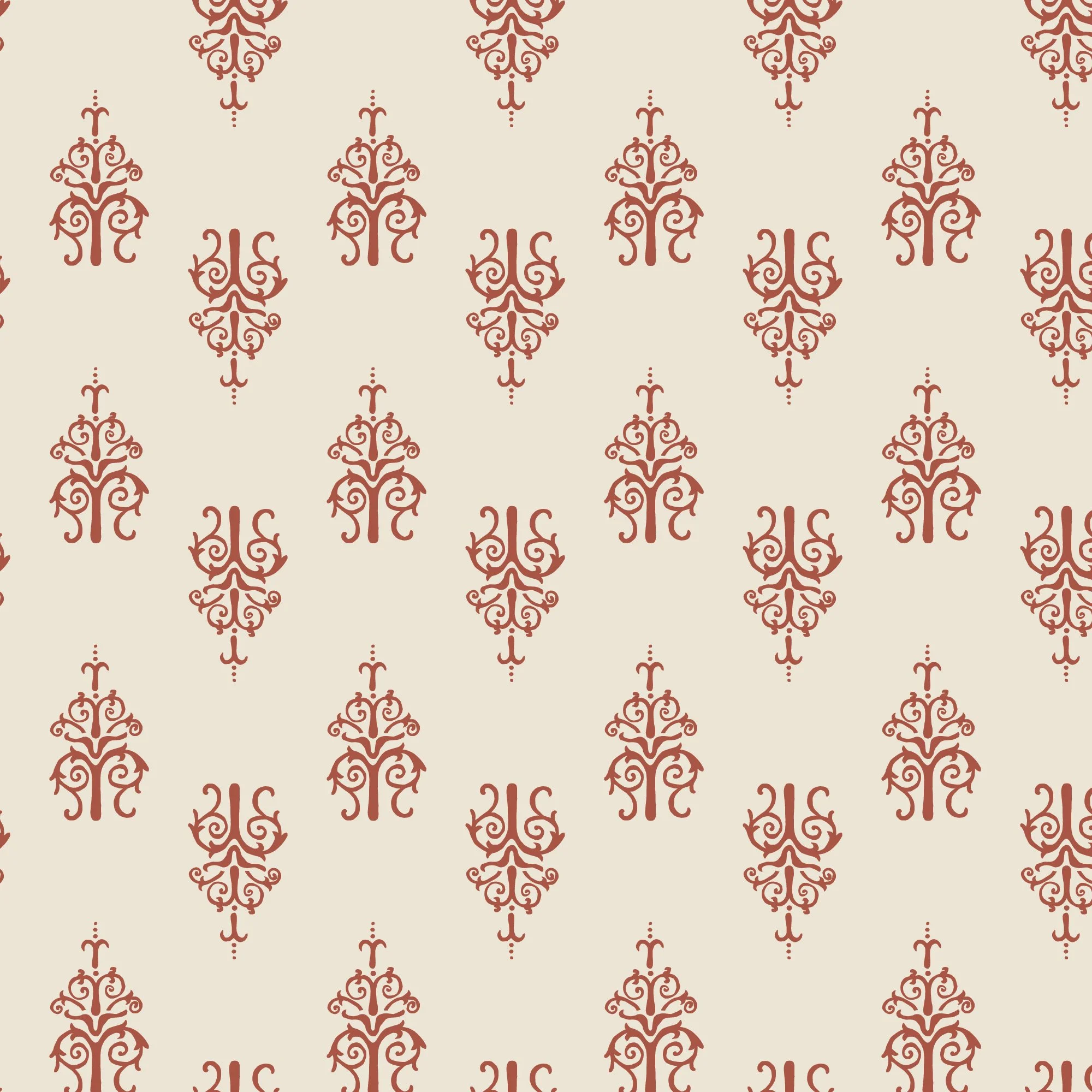 A close-up view of a beige wallpaper with a repeating red ornate floral pattern.