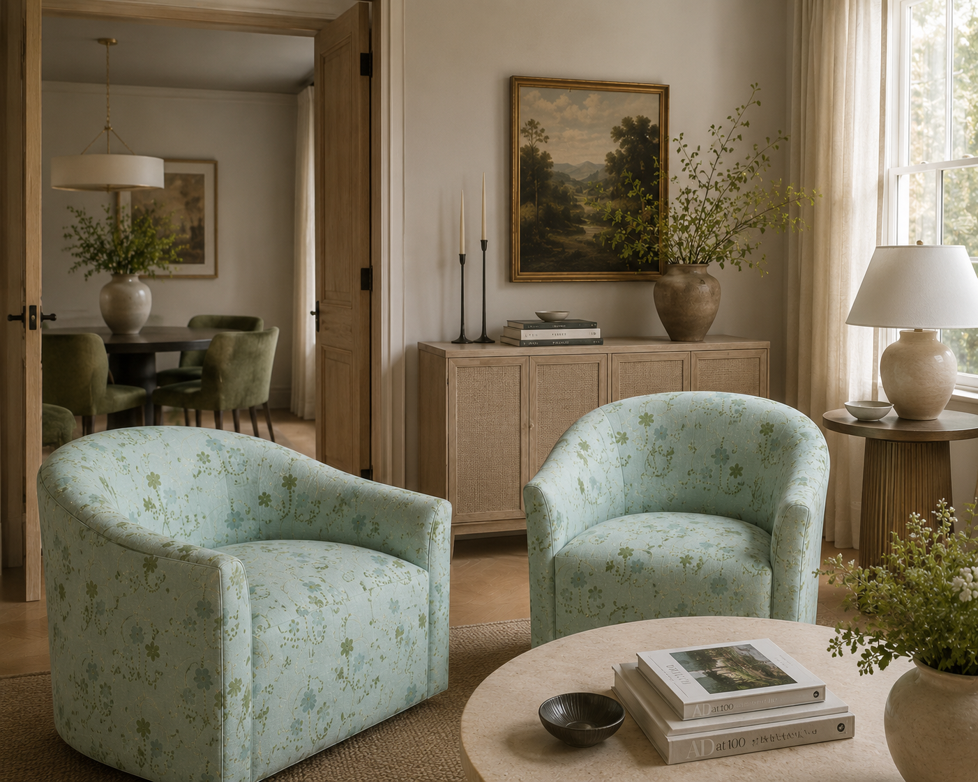 A cozy living room with two pastel blue armchairs, a round coffee table with books and a decorative bowl, and a side table with a lamp and plant. In the background, a wooden sideboard with candles, a vase with greenery, and a framed landscape painting is visible. An adjoining dining area with a table, green chairs, and another vase with greenery is seen through an open doorway. There are large windows with sheer curtains allowing natural light to fill the space.