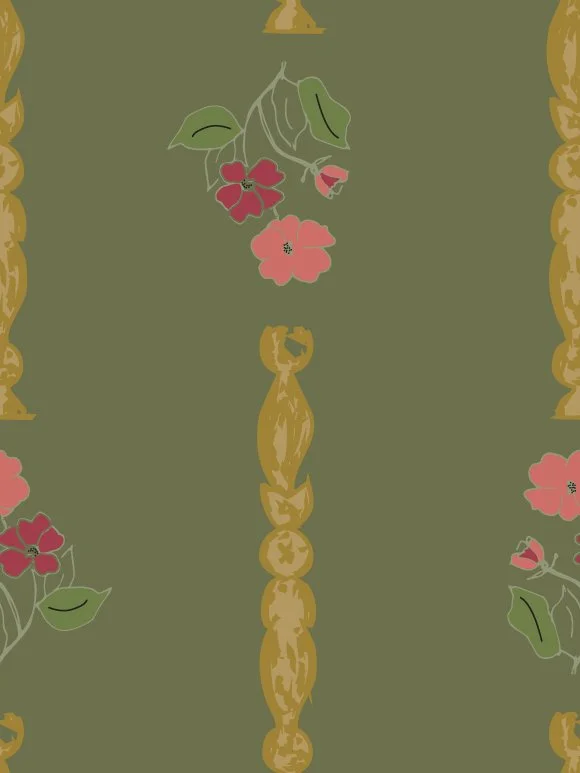 A patterned wallpaper design with a green background, featuring gold decorative elements, pink flowers with green leaves, and gold columns.