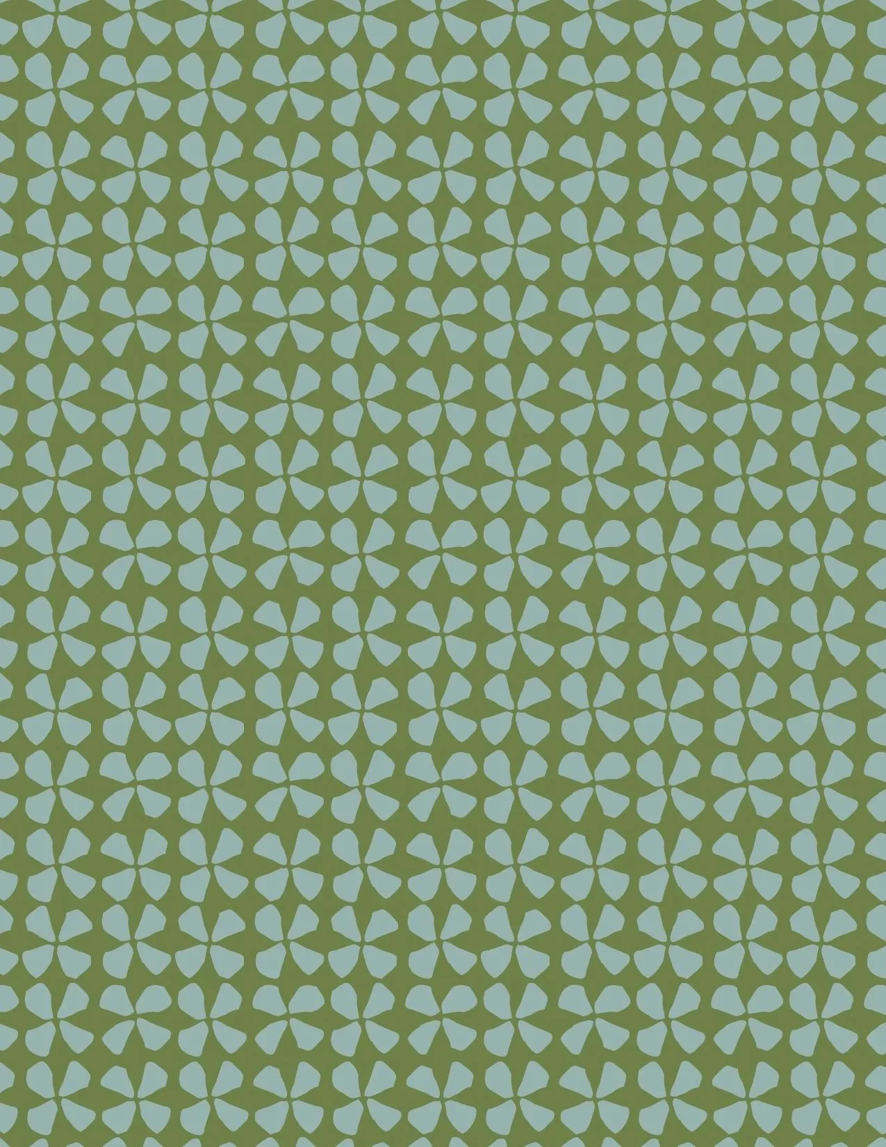 Pattern of green background with light blue geometric shapes resembling stylized four-leaf clovers.