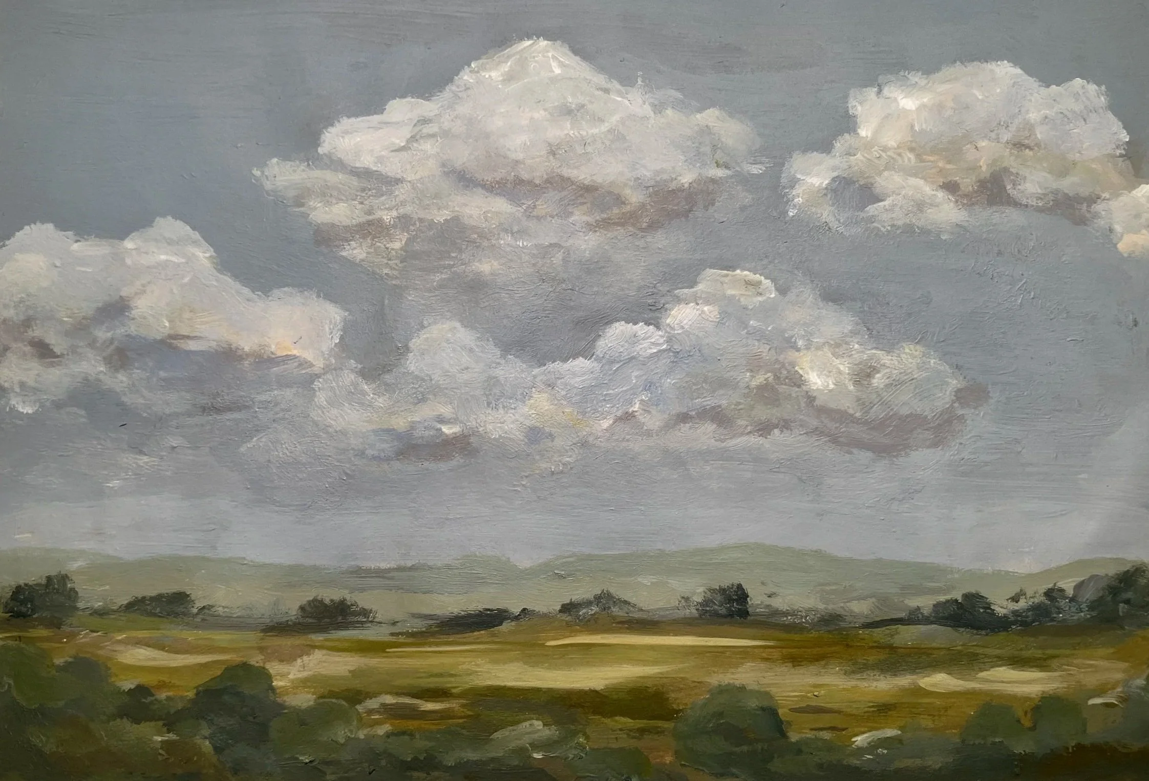 An acrylic painting of a cloudy sky above a landscape with a sparse horizon, painted in an impressionistic style with visible brushstrokes and muted colors.