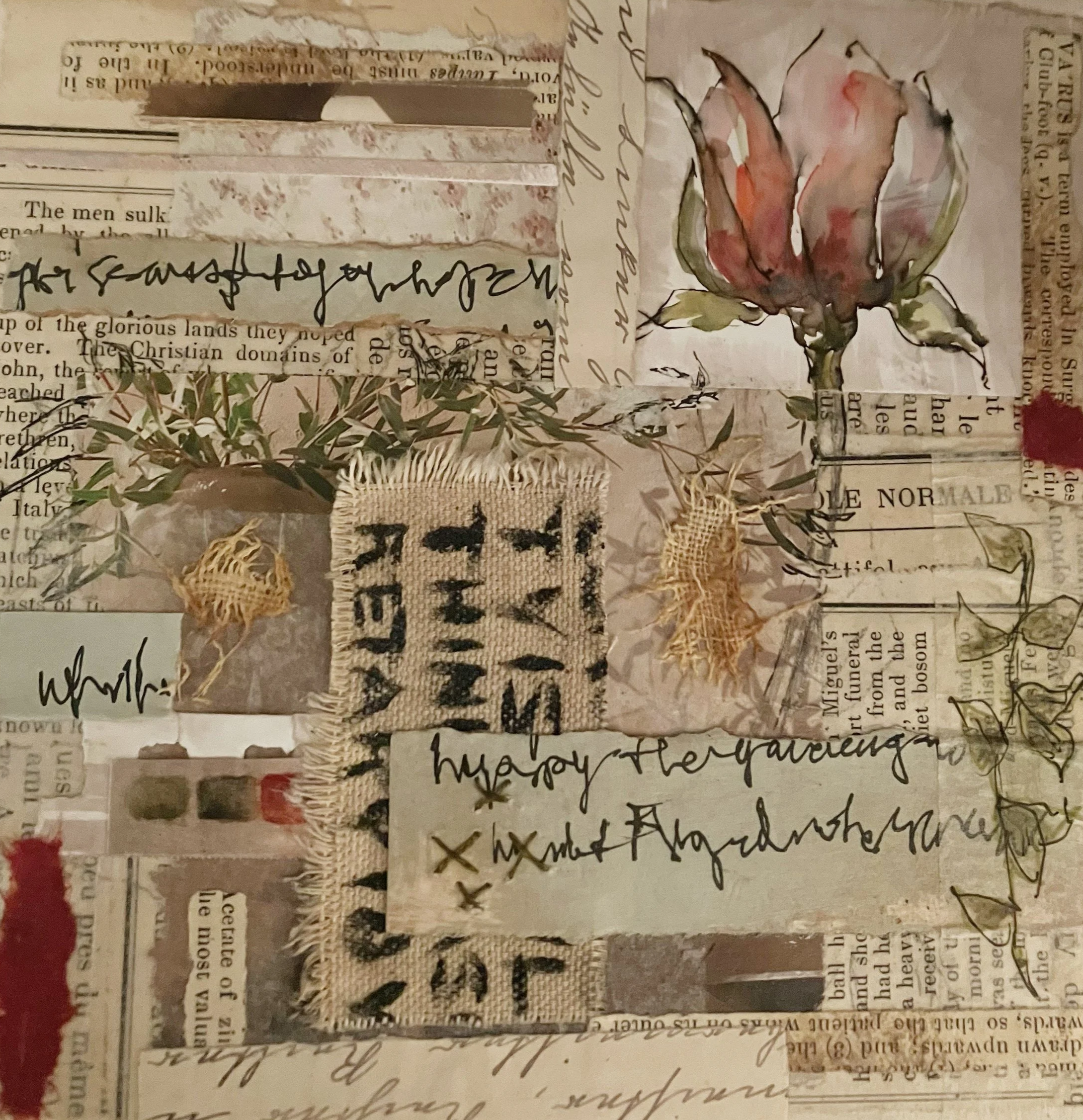 A collage of vintage and handwritten pieces of paper, including printed text, handwritten phrases, a drawing of a butterfly with pink and green on white paper, and natural elements like leaves and woven fabric.
