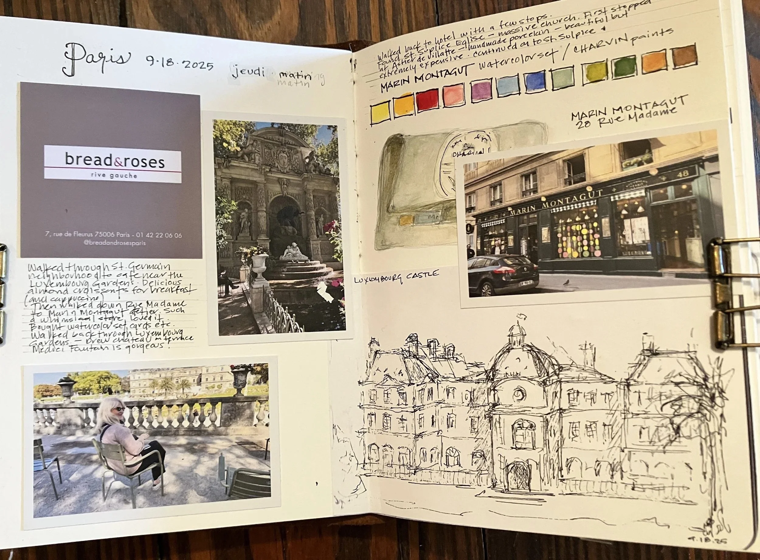 A scrapbook page with photos and sketches from a trip to Paris. It includes a photo of Luxembourg Gardens with a woman sitting on a chair, sketches of Luxembourg Castle, and photos of the street outside Marin Montagut store. Handwritten notes describe the experiences and locations, along with color swatches and dates.