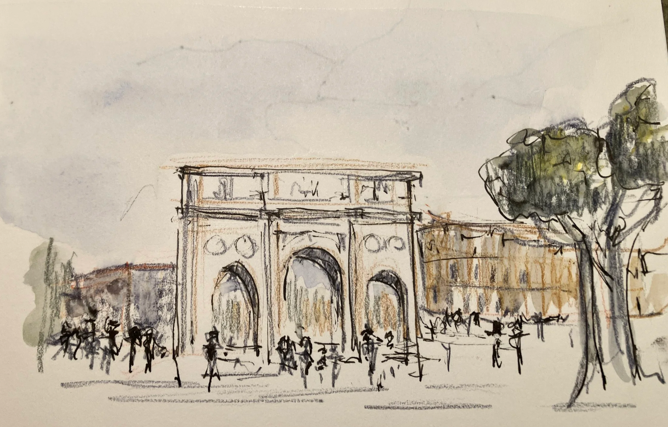 A sketch of a large building with arches, possibly a historical monument or landmark, surrounded by trees and people in a park or city square.