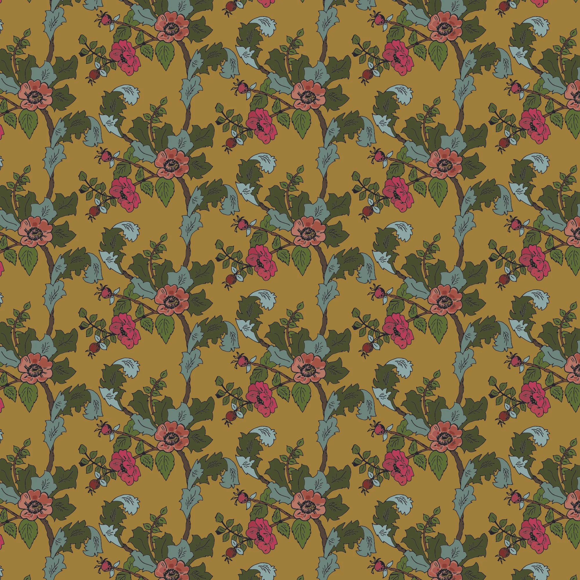 A floral pattern with pink and red flowers, green leaves, and brown stems on a yellow background.