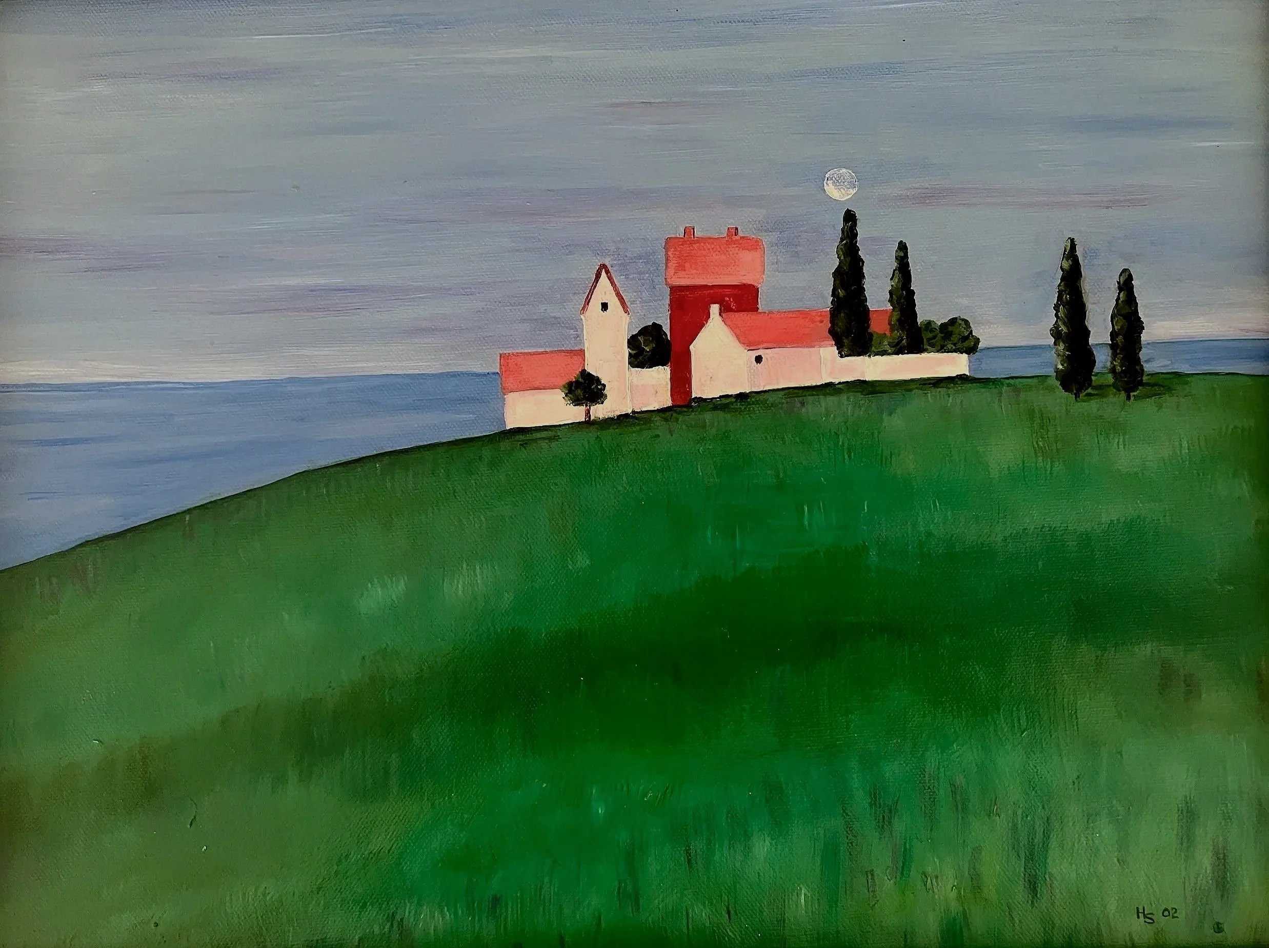 Oil Painting of a white building with a red roof and chimney, surrounded by tall green trees, with a grayish sky and a full moon in the background, and a grassy foreground.
